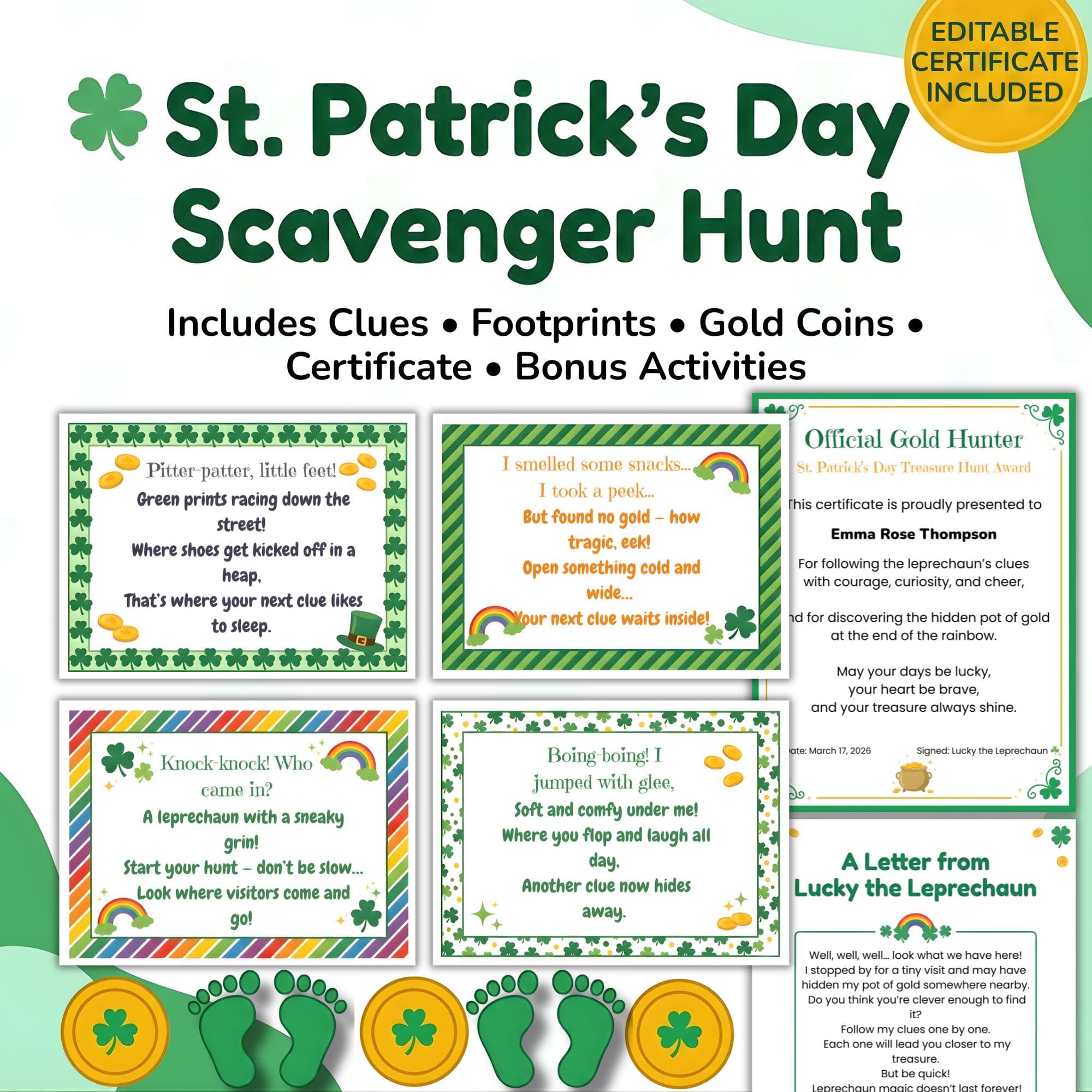 St. Patrick's Day Scavenger Hunt for Kids, Indoor Leprechaun Treasure Hunt Clues, Editable Canva Template, 2026 Party Game Kids Activity