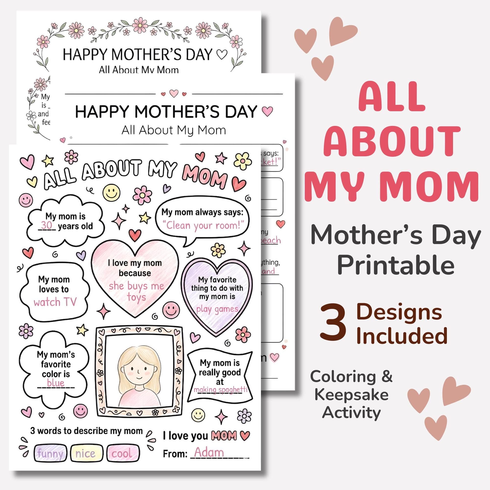 All About My Mom Printable, Mother’s Day Worksheet for Kids, Coloring Activity Questionnaire, Keepsake Gift For Mom, Kids Interview PDF