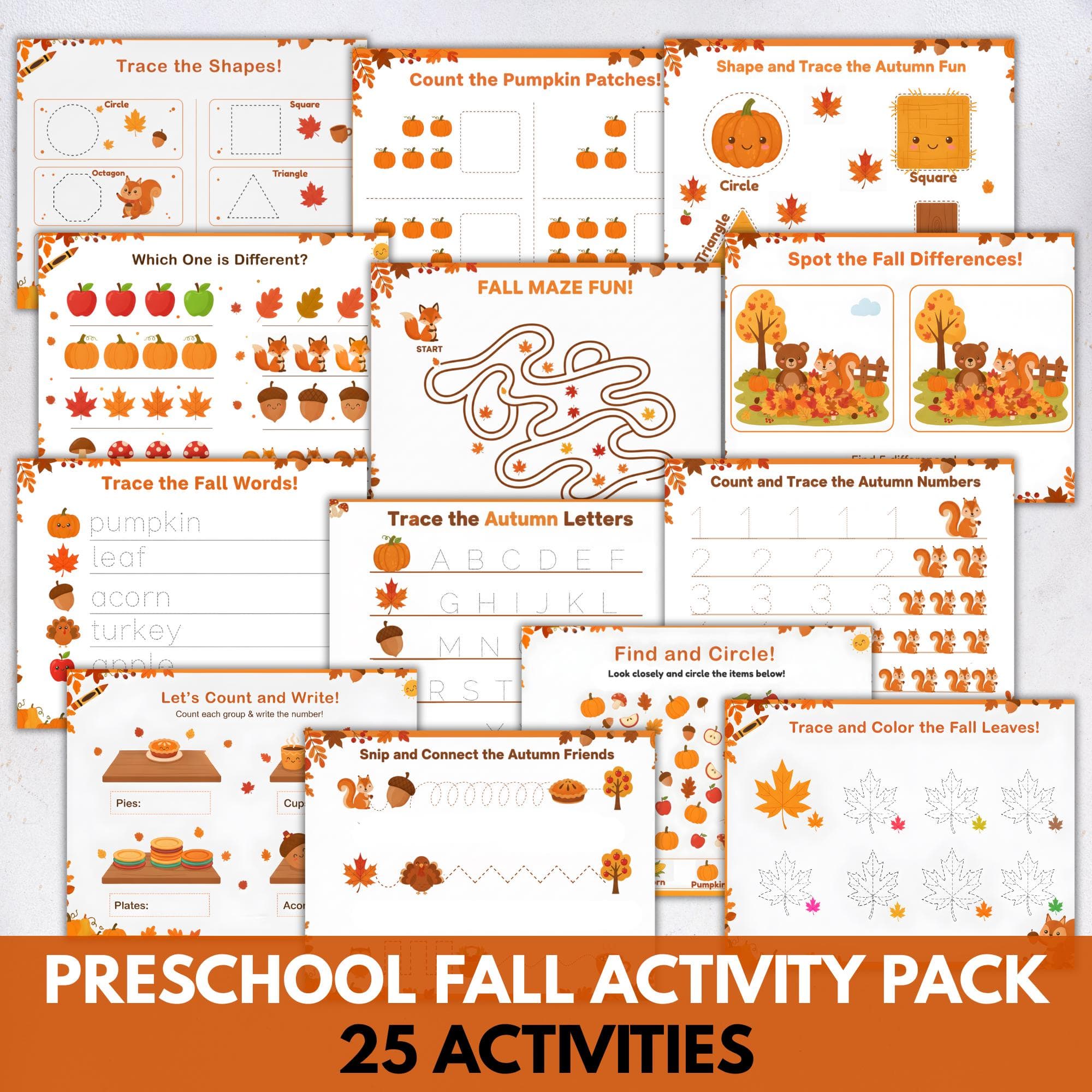 Fall Preschool Kindergarten Activity Pack, Fall Kid Activity, Autumn Worksheets, Autumn Workbook for Kids,Preschool Fall Worksheet Printable