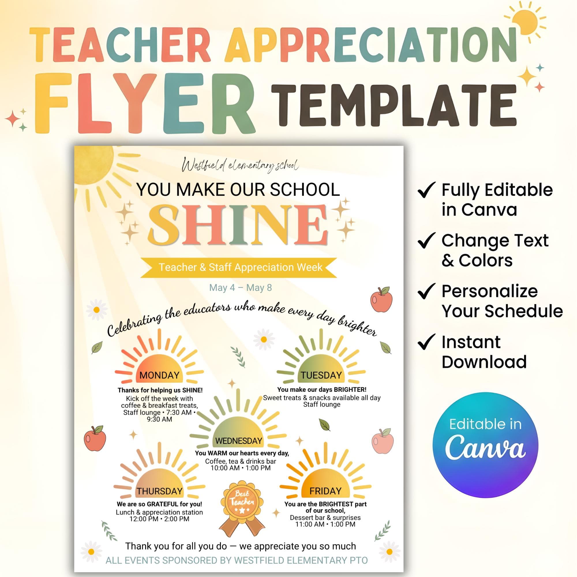 Teacher Appreciation Week Itinerary Flyer Editable Canva Template, Staff Appreciation Schedule Poster, Sunshine Theme, Instant Download