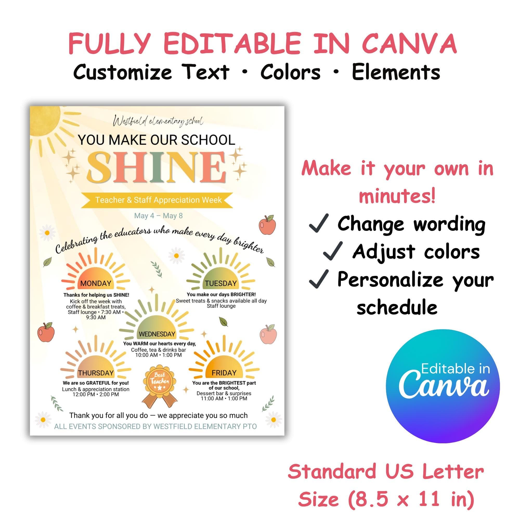 Teacher Appreciation Week Itinerary Flyer Editable Canva Template, Staff Appreciation Schedule Poster, Sunshine Theme, Instant Download - image 3