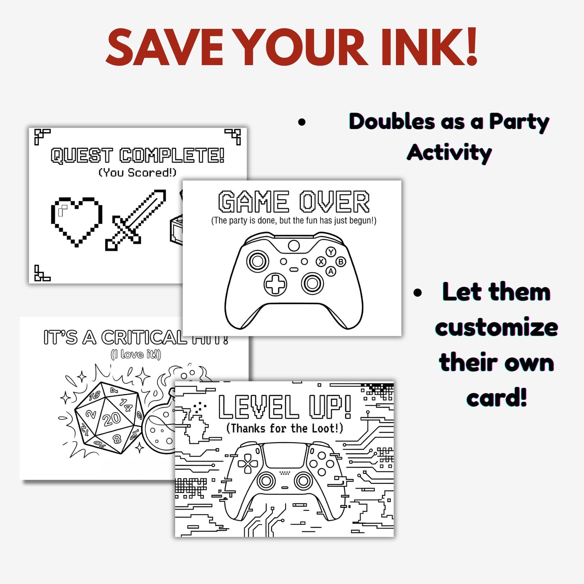Gamer Thank You Cards Printable Bundle | Video Game Birthday Party Favors | Level Up Pixel Coloring Activity | Fill in Blank Note for Boys - image 5