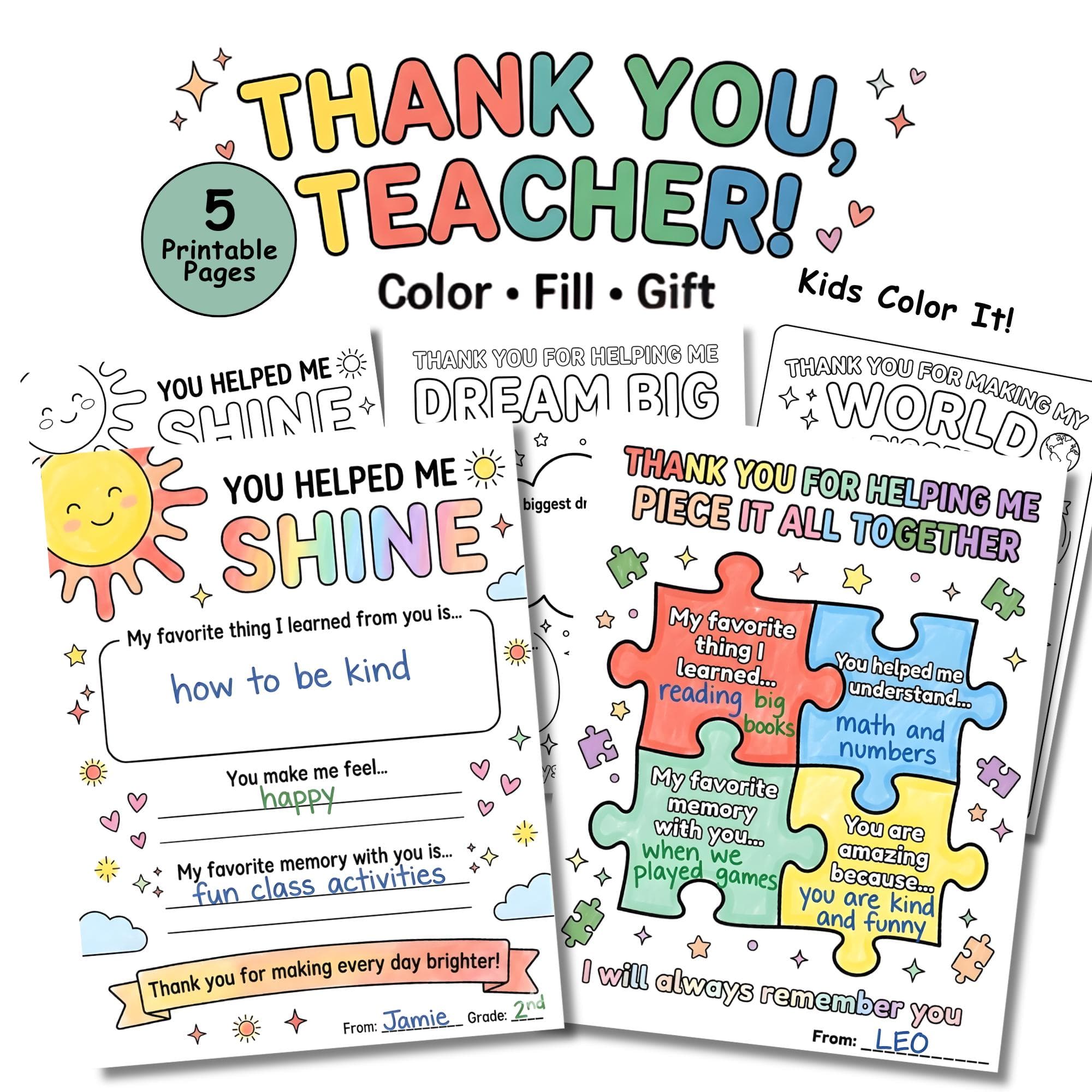 Teacher Appreciation Printable, Teacher Thank You Coloring page Gift, All About My Teacher, End of the School Year Gift for Teacher Survey