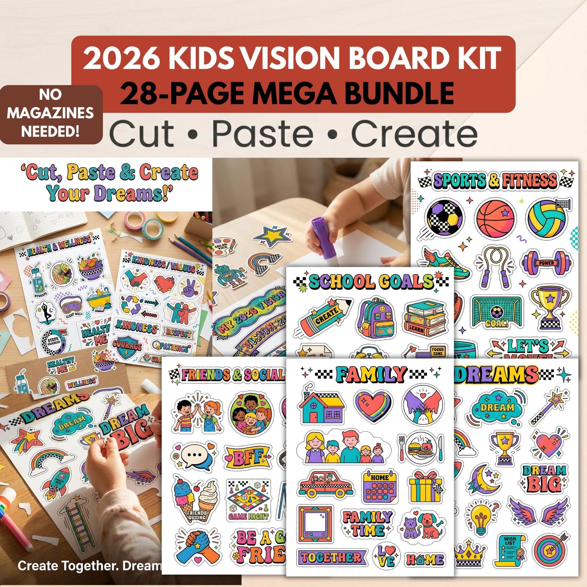 2026 Kids Vision Board Kit Printable, Vision Board for Kids,Family Vision Board Printables,Positive Affirmations,Boys and Girls vision board