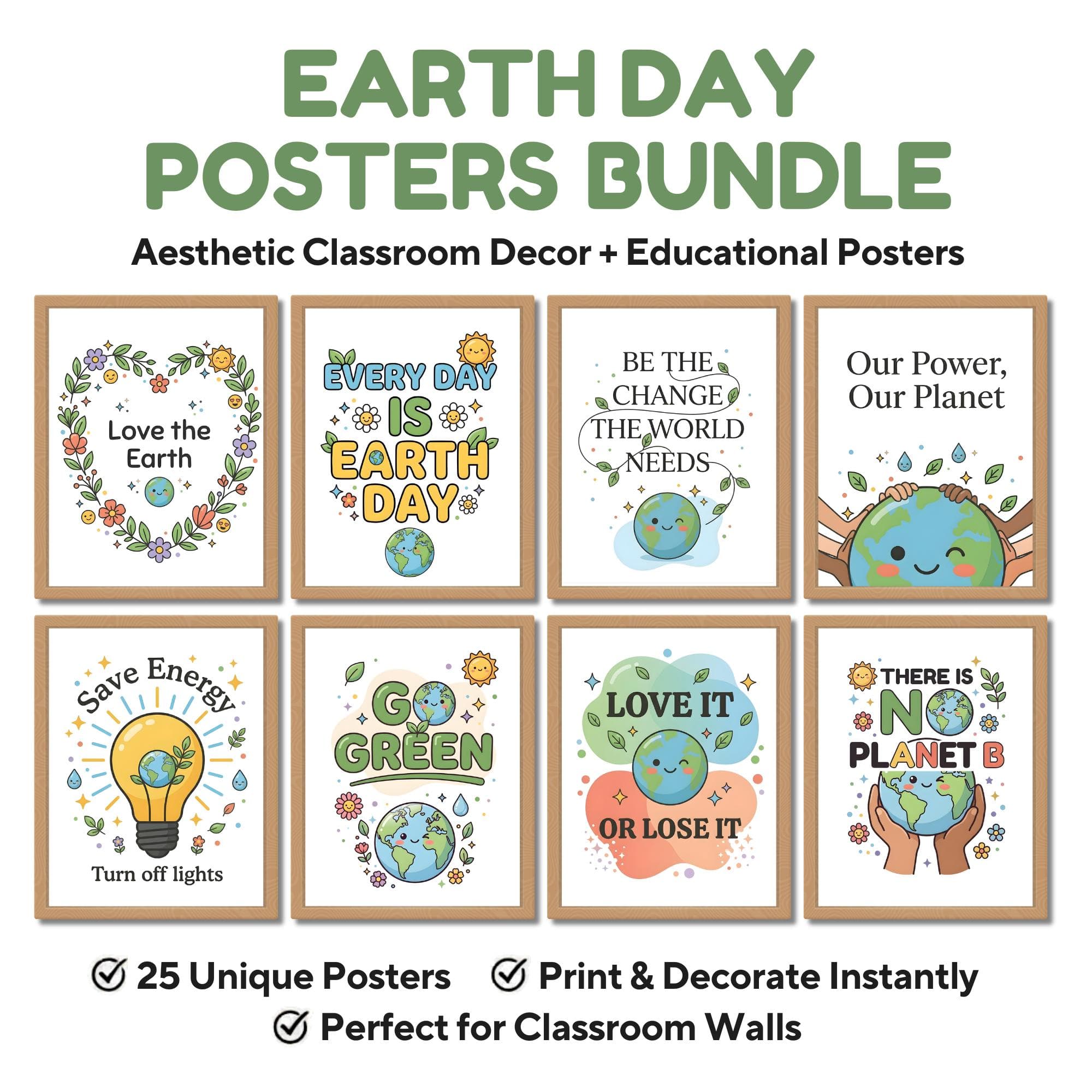Earth Day Posters Bundle, Classroom Decor, Earth Day Bulletin Board Kit, Aesthetic School Posters, Green Spring Classroom Decor Printable