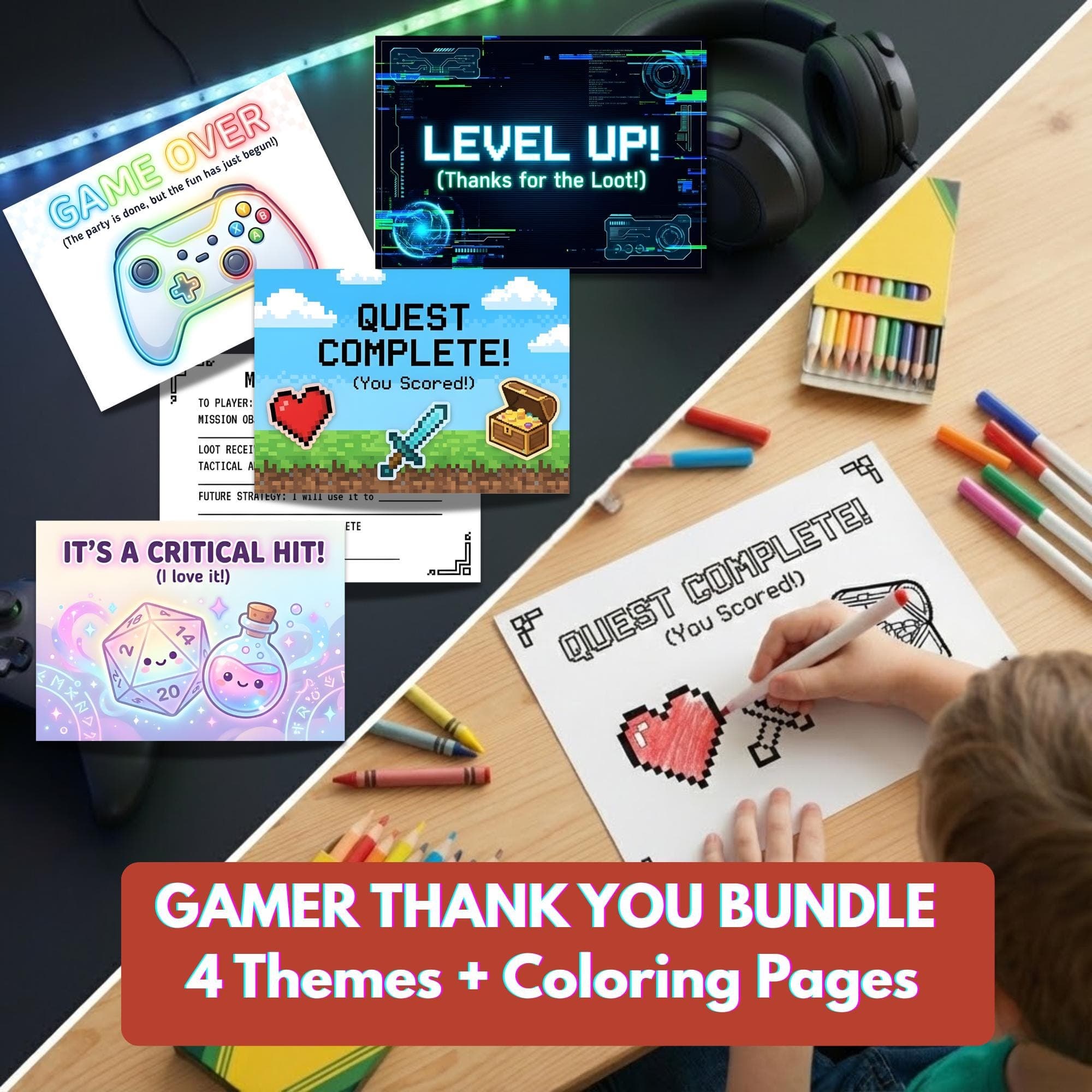 Gamer Thank You Cards Printable Bundle | Video Game Birthday Party Favors | Level Up Pixel Coloring Activity | Fill in Blank Note for Boys
