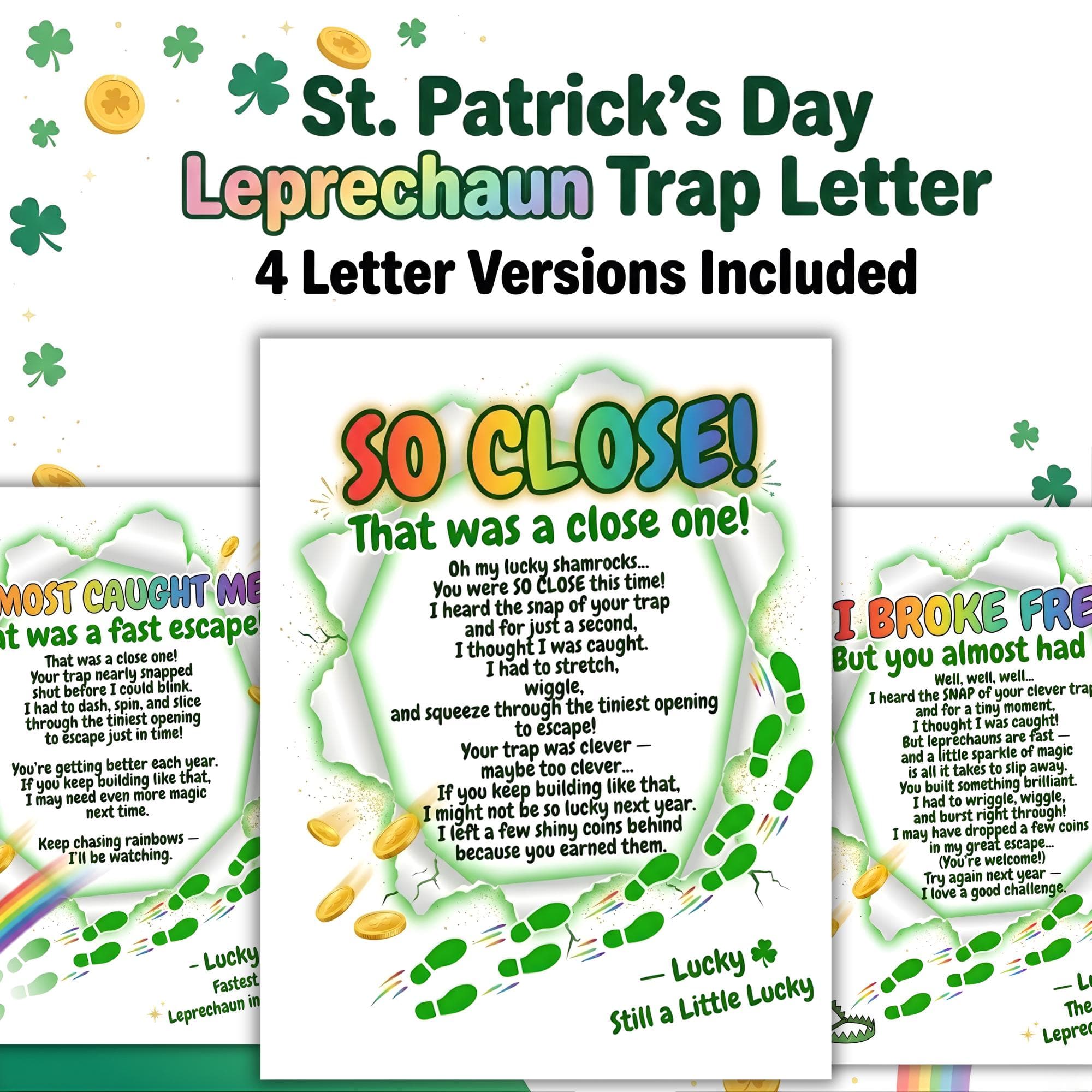 Leprechaun Trap Letter Printable | Kids Lucky Leprechaun Note | St. Patricks Day Mischief Kit | So Close Leprechaun Letter |Instant Download
