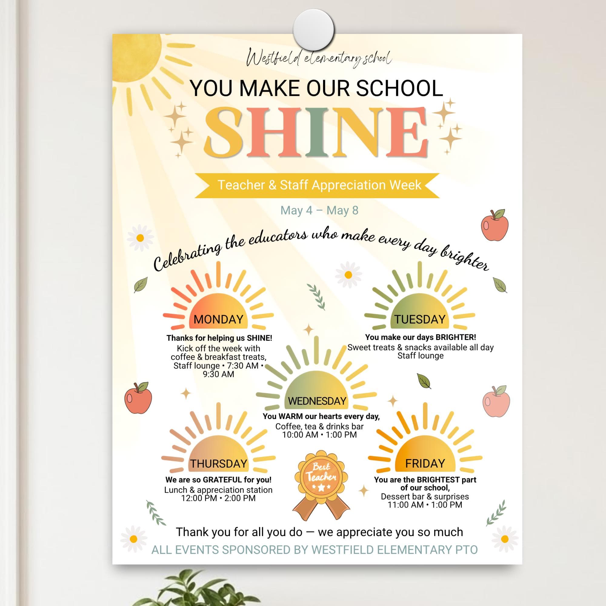 Teacher Appreciation Week Itinerary Flyer Editable Canva Template, Staff Appreciation Schedule Poster, Sunshine Theme, Instant Download - image 4