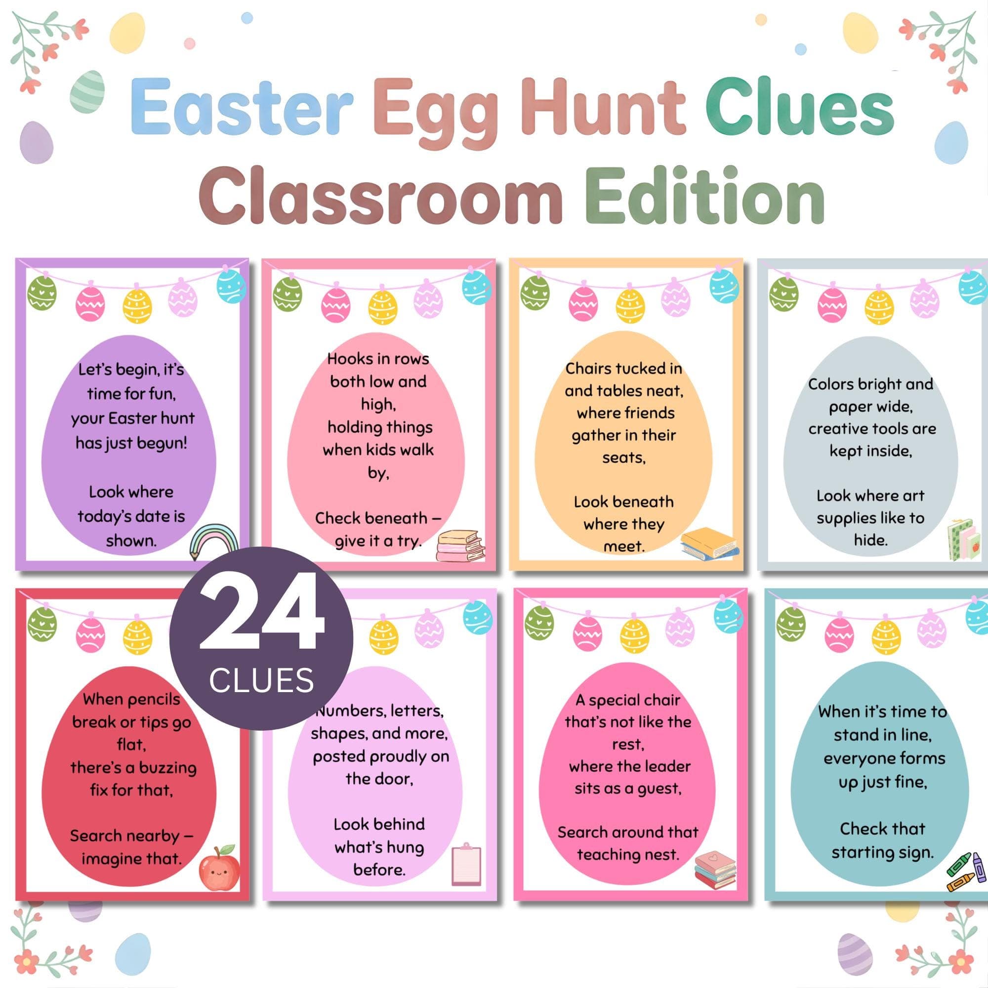 Classroom Easter Treasure Hunt Clues Printable | School Easter Scavenger Hunt for Students| Easter Egg Hunt | Elementary Class Activity