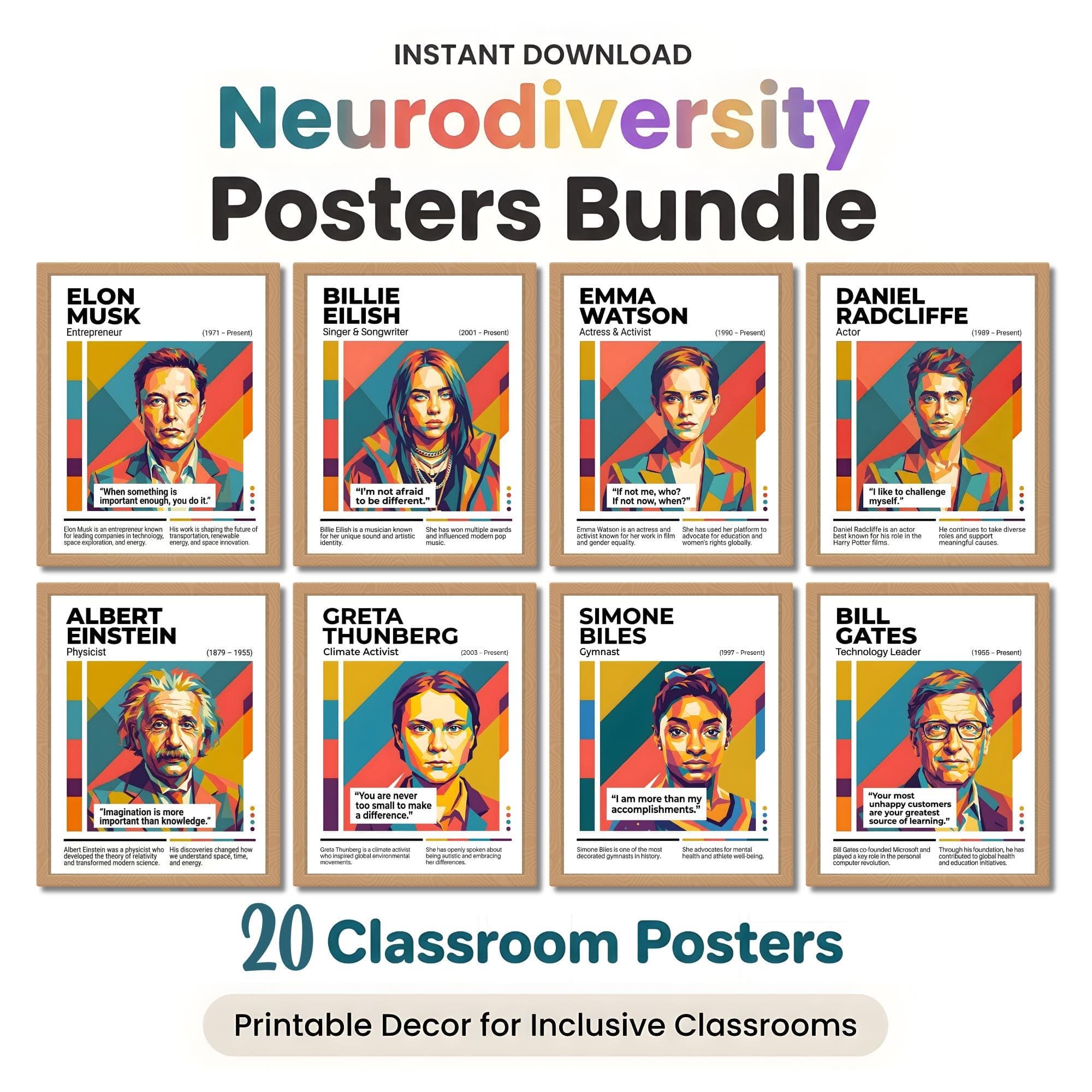Famous Neurodivergent Role Model Posters 2026, 20 Inspiring Leader Biographies, Autism ADHD Awareness Art, Classroom Bulletin Board Set
