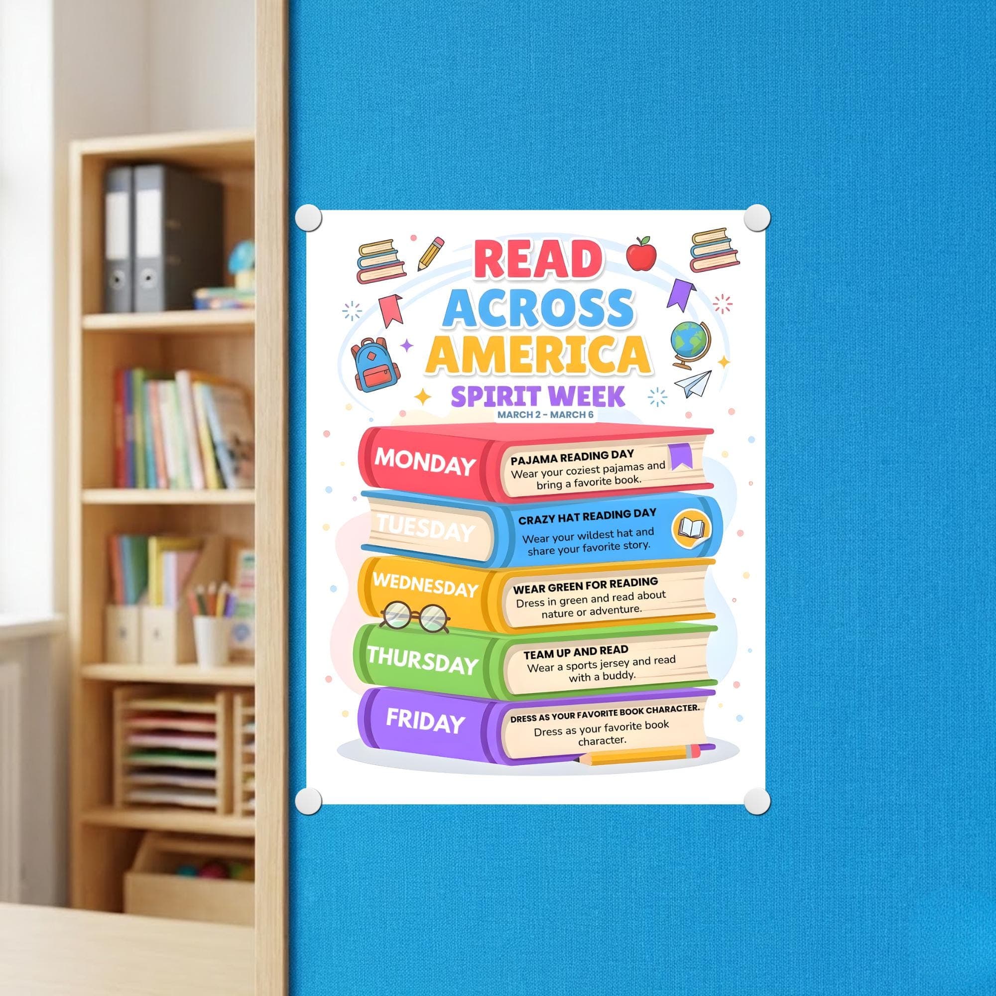 Read Across America 2026 Spirit Week Flyer, Editable Canva Template, Literacy Month Schedule, School PTO PTA Event Flyer, Book Stack Design - image 5