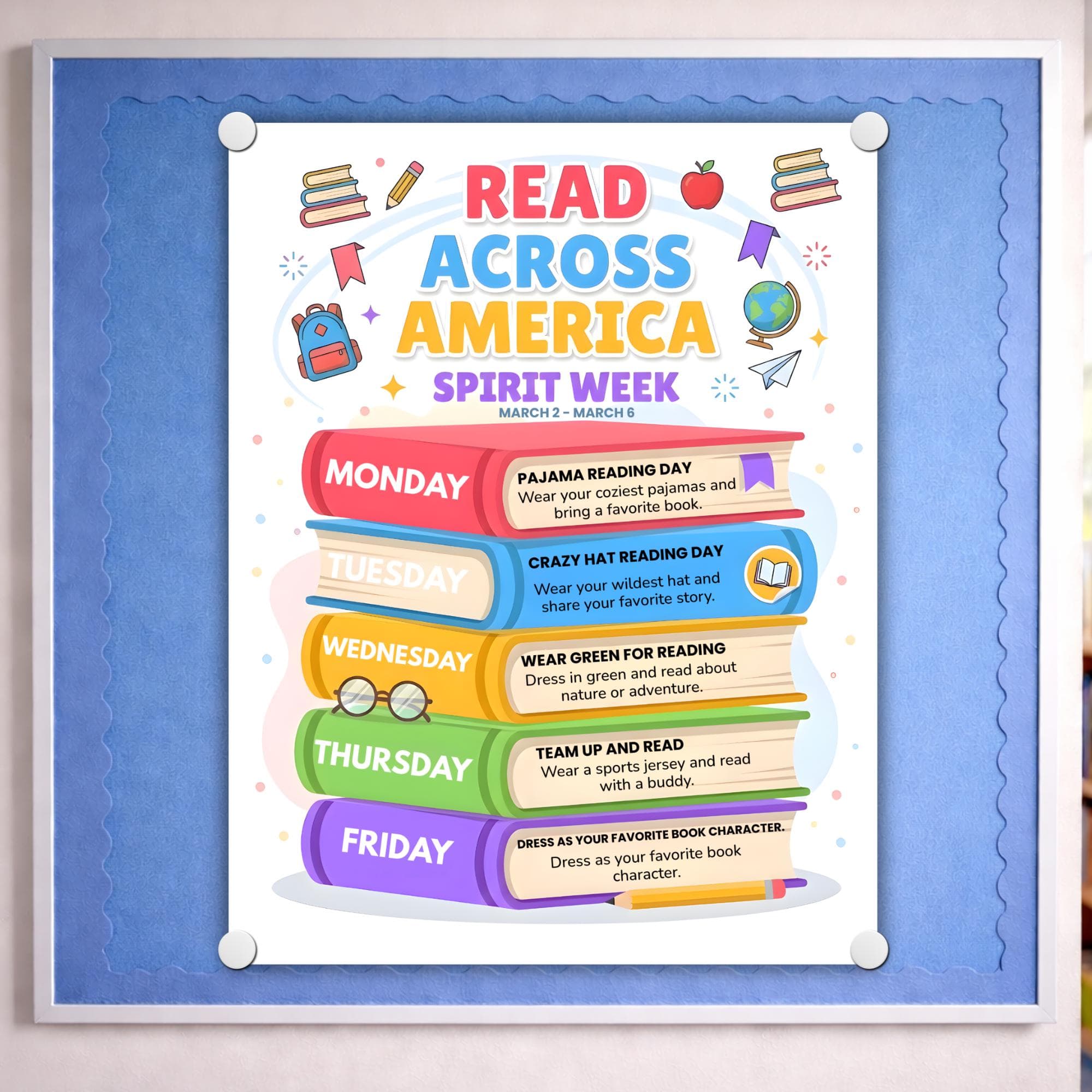Read Across America 2026 Spirit Week Flyer, Editable Canva Template, Literacy Month Schedule, School PTO PTA Event Flyer, Book Stack Design