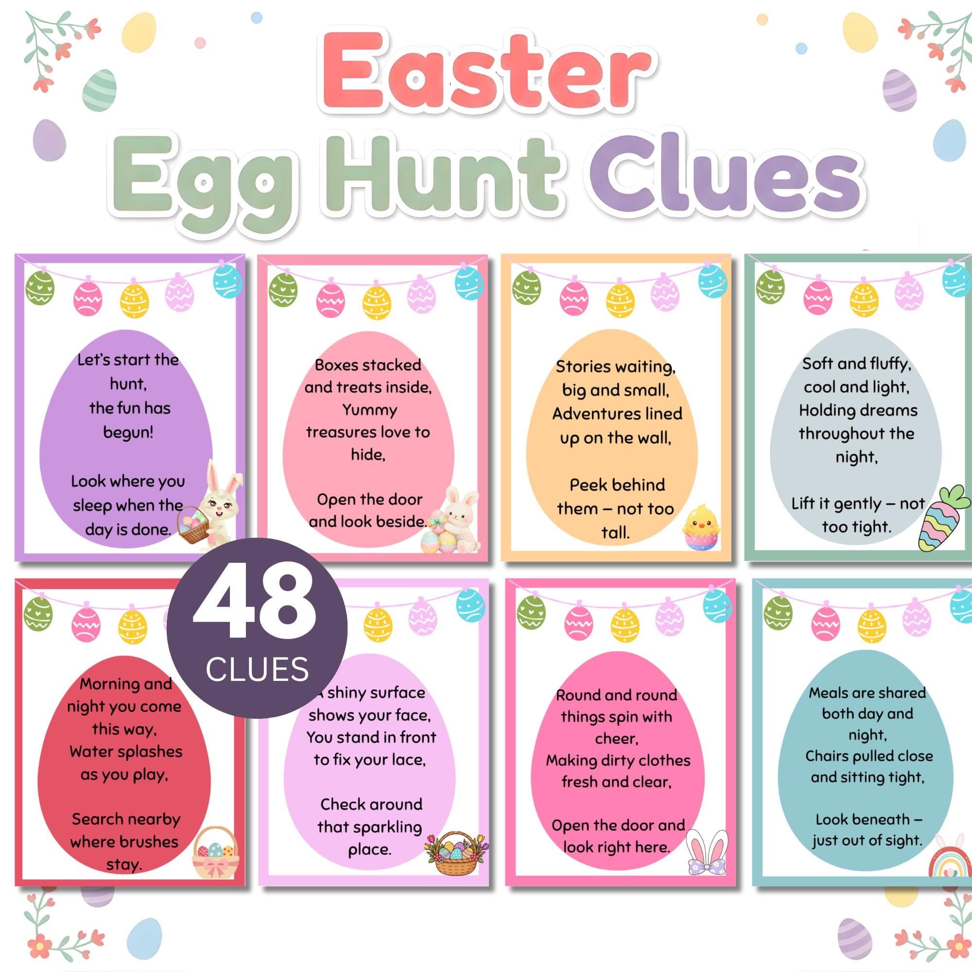 Easter Treasure Hunt Clues Printable | Indoor Outdoor Easter Scavenger Hunt for Kids | Easter Egg Hunt | Kids Treasure | Hunt Easter Clues