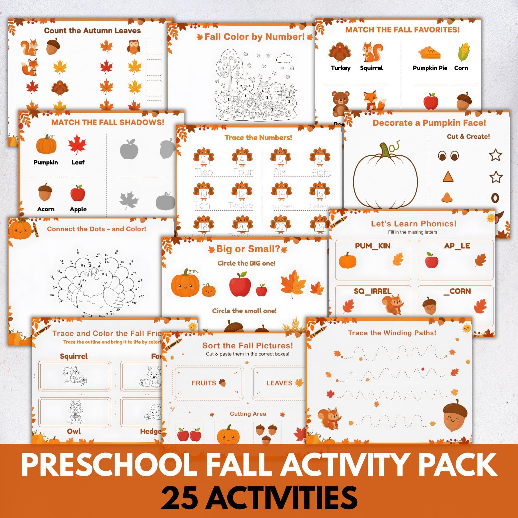 Fall Preschool Kindergarten Activity Pack, Fall Kid Activity, Autumn Worksheets, Autumn Workbook for Kids,Preschool Fall Worksheet Printable - image 3