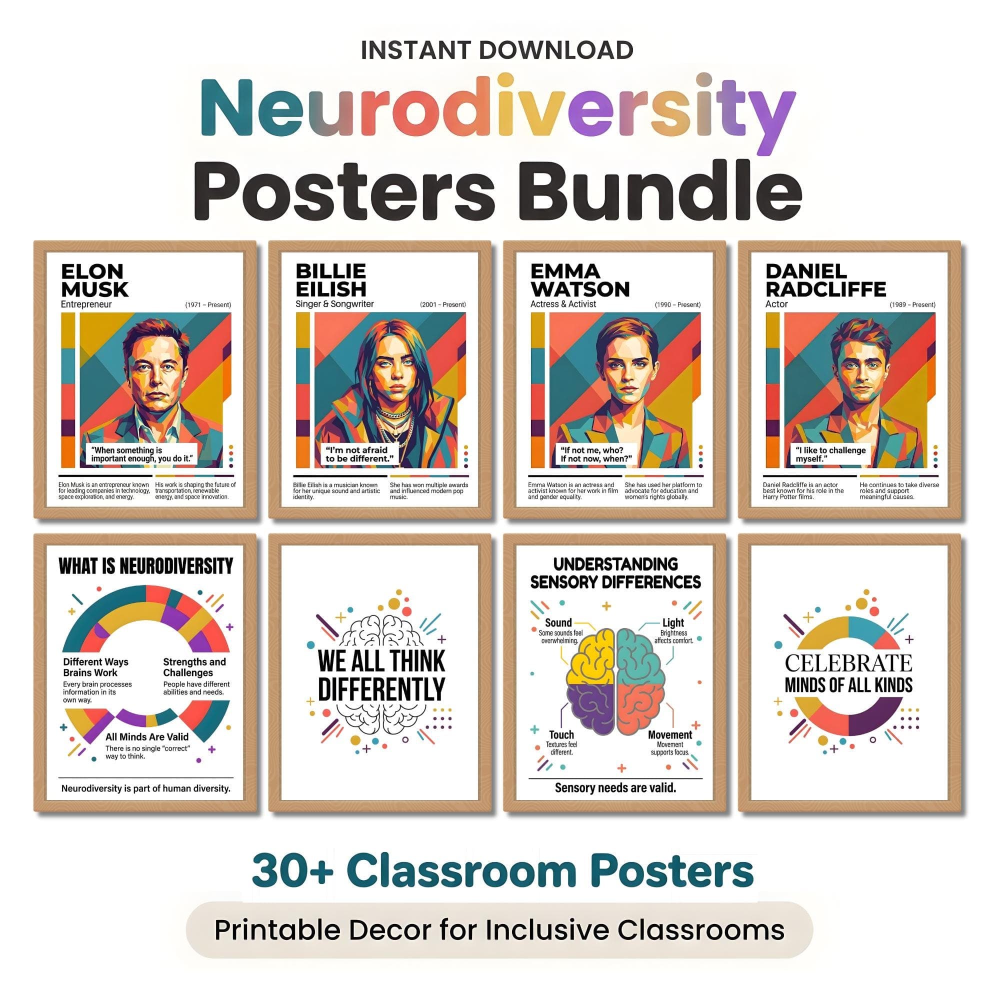 Neurodiversity Poster Bundle 2026, SEL Classroom Decor Set, 20 Inspiring Role Model Biographies, ADHD Autism Awareness Art, Bulletin Board