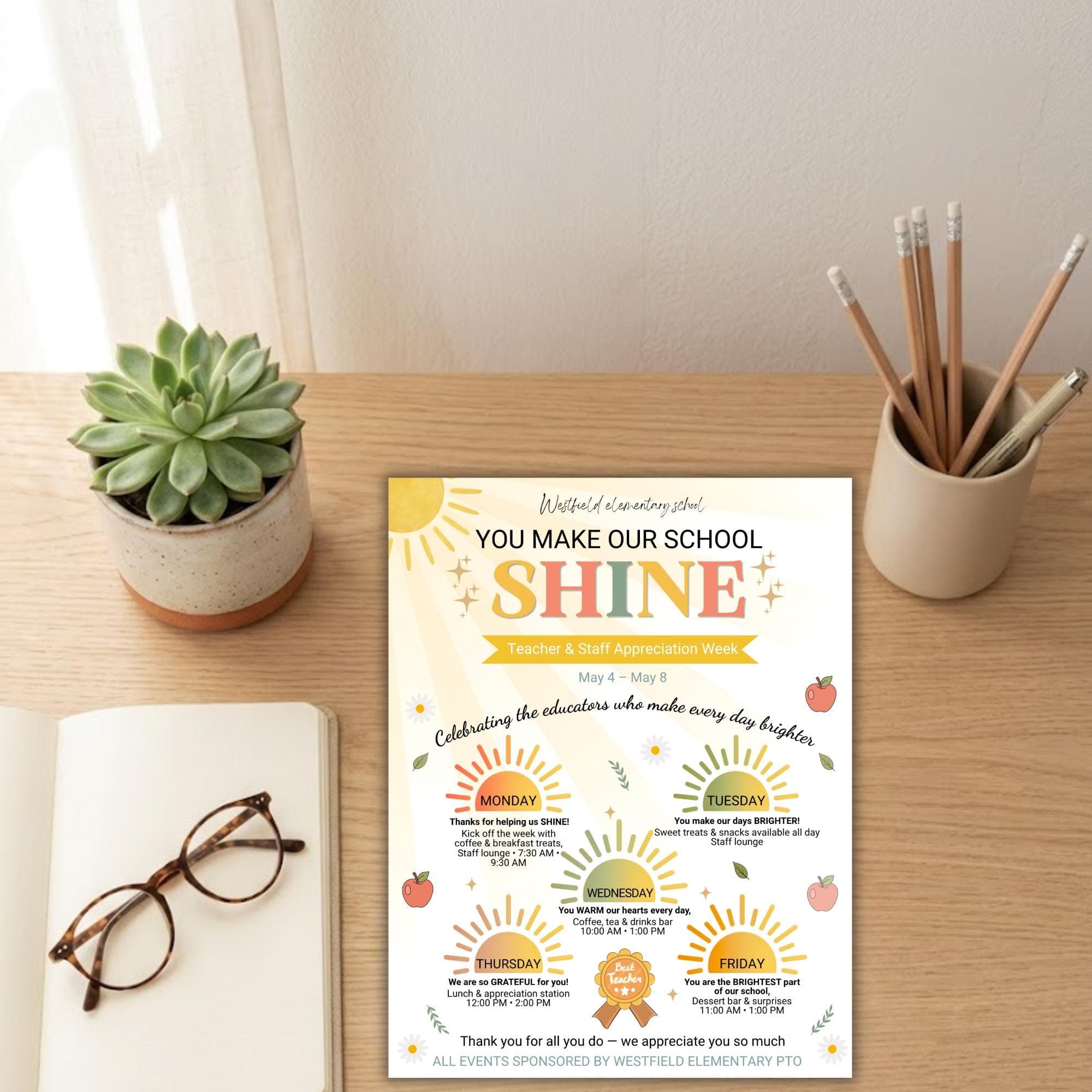 Teacher Appreciation Week Itinerary Flyer Editable Canva Template, Staff Appreciation Schedule Poster, Sunshine Theme, Instant Download - image 5