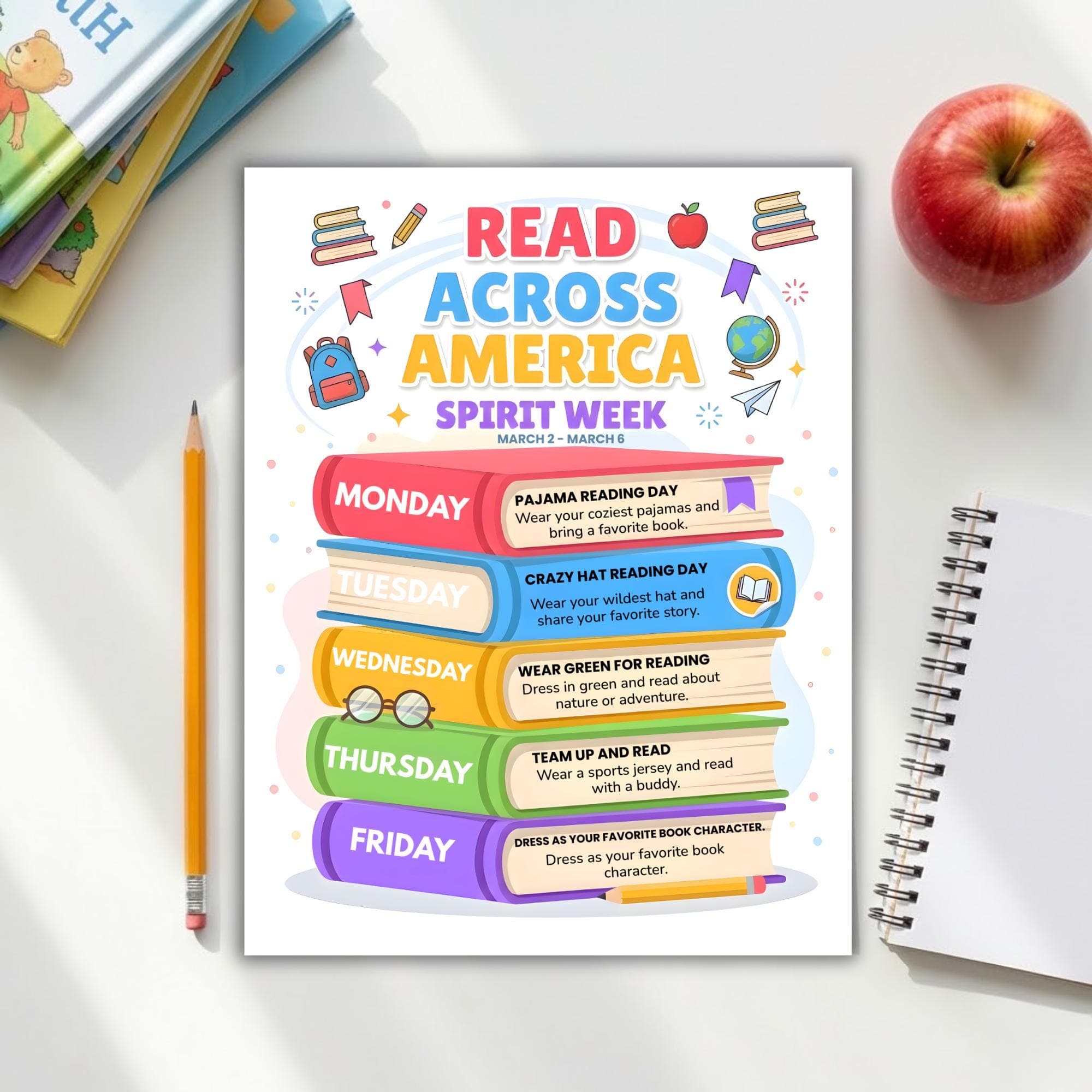 Read Across America 2026 Spirit Week Flyer, Editable Canva Template, Literacy Month Schedule, School PTO PTA Event Flyer, Book Stack Design - image 4