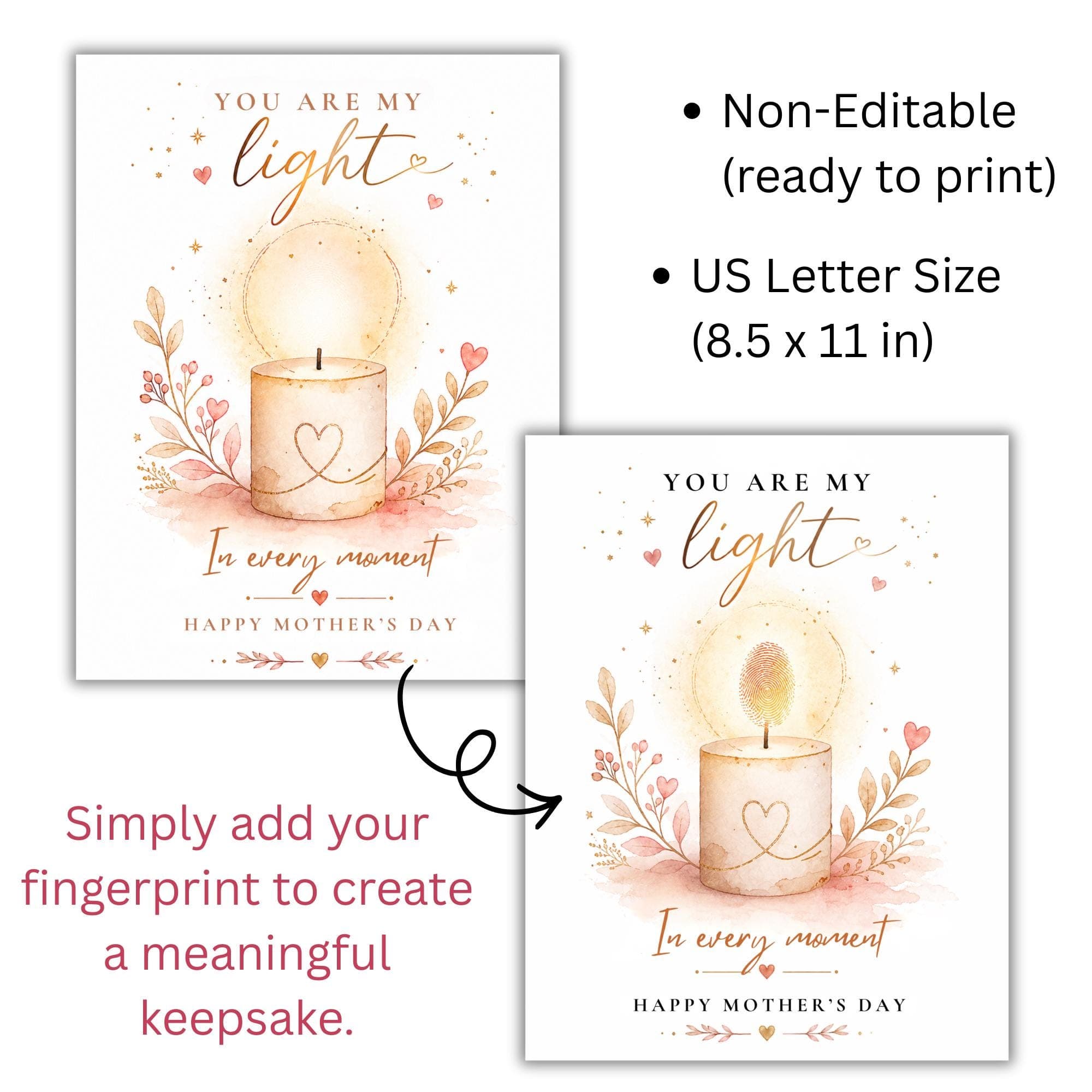 Mother's Day Handprint Art, Fingerprint Keepsake Gift, Toddler Craft, Preschool Activity, Watercolor Candle Poster, DIY Mom Gift, Printable - image 3