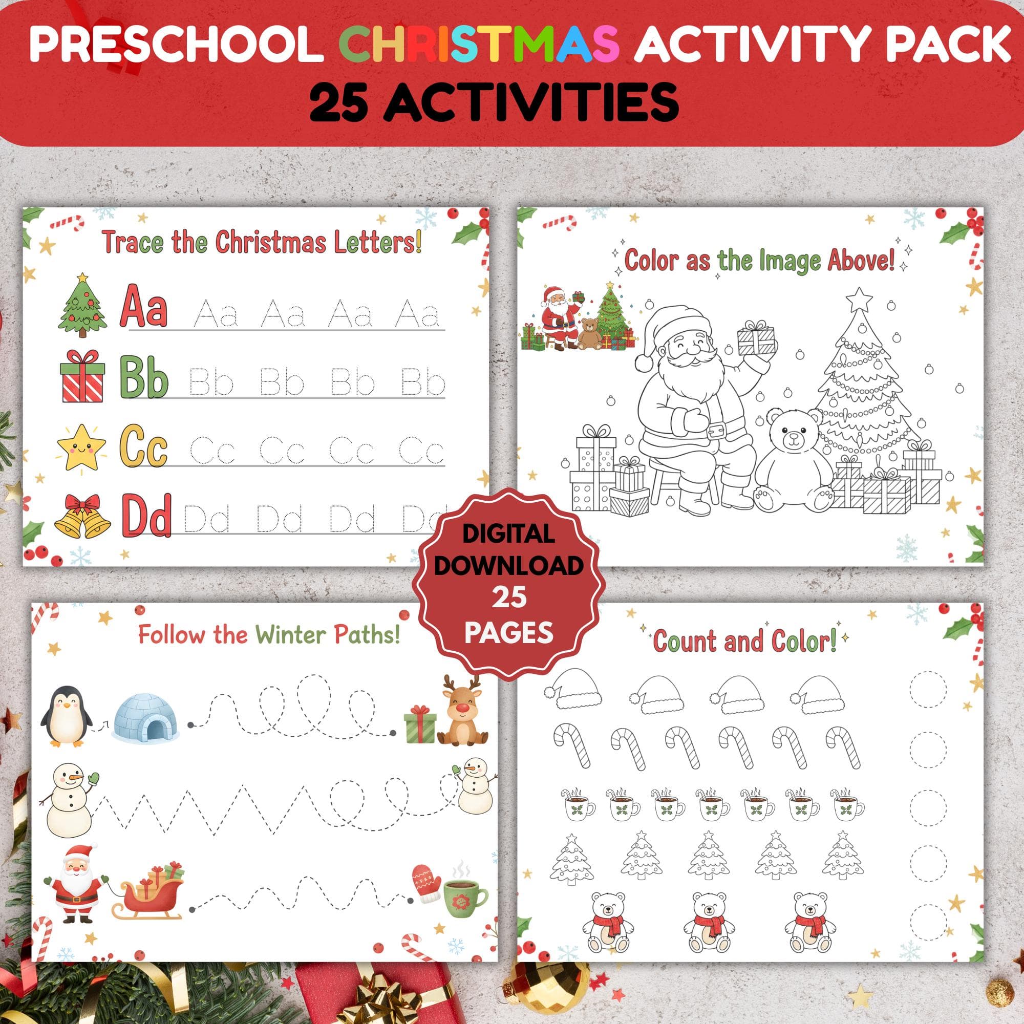 Christmas Preschool Worksheet Bundle, Printable Christmas Activities,Winter Kids Activities,Homeschool Printable,Christmas Toddler Busy Book - image 5