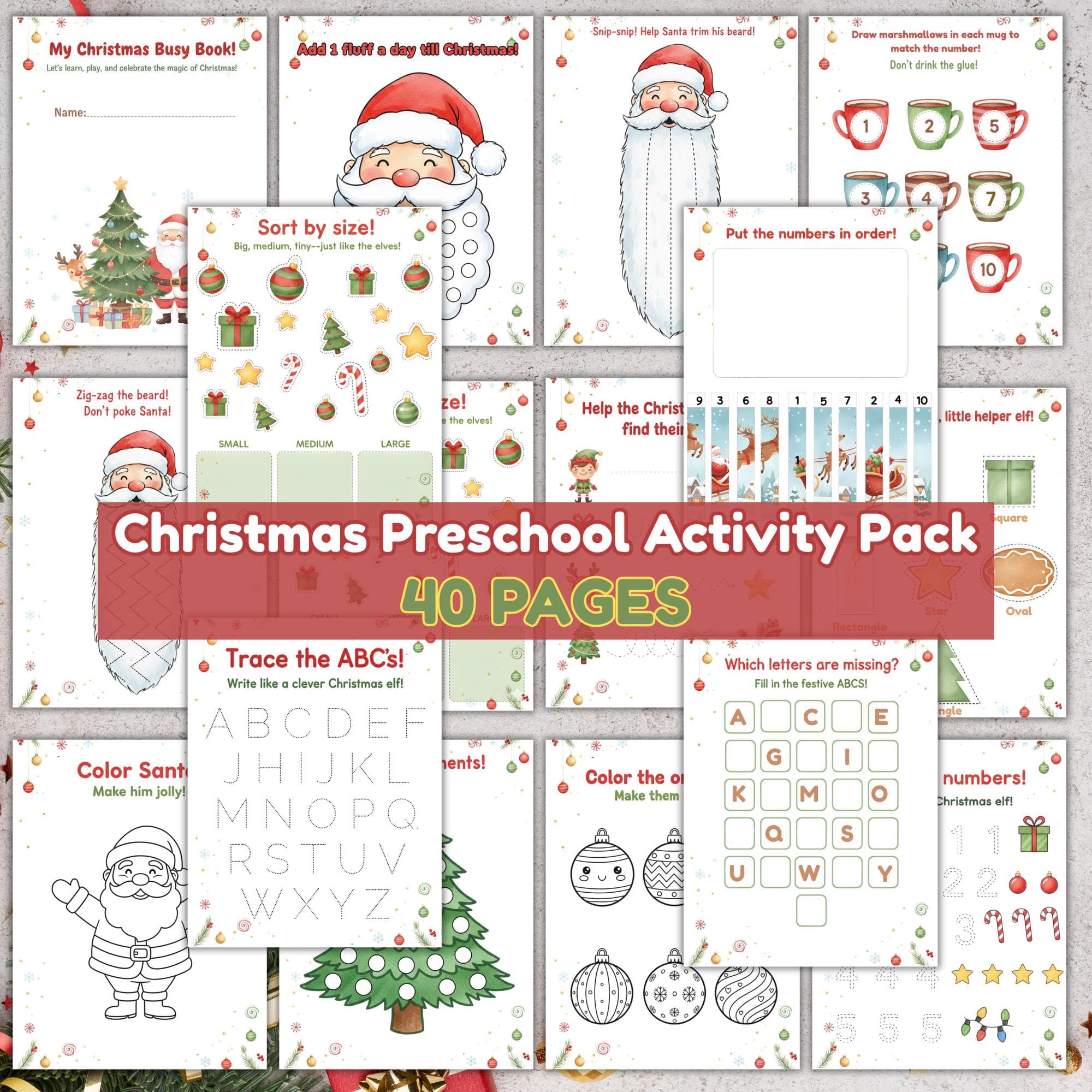 Christmas Preschool Activity Pack, Printable Worksheets for Fine Motor Skills, Do-a-Dot, Coloring Pages, Kids Christmas Worksheets PDF