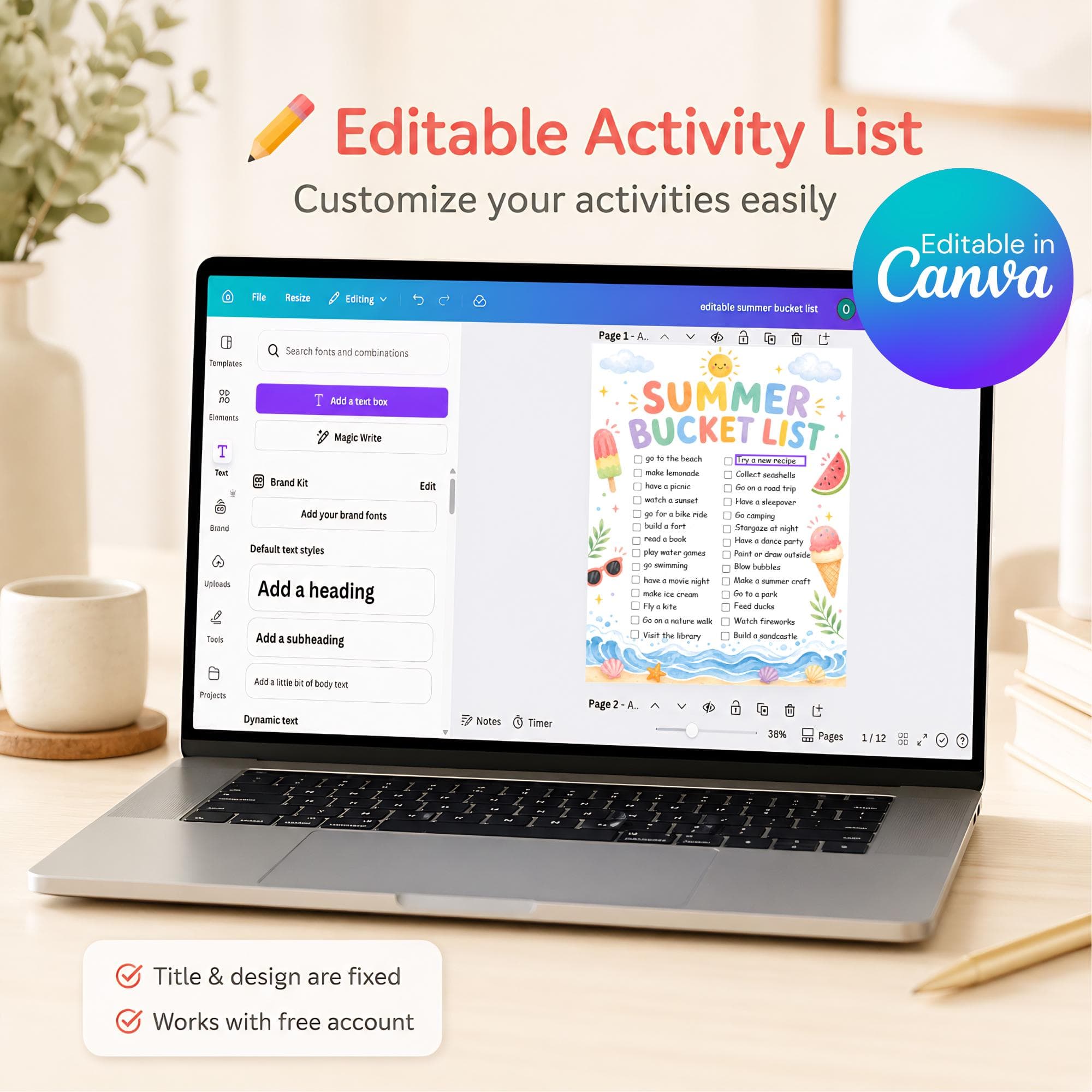 Editable Summer Bucket List Printable for Kids, Editable Canva Template, Summer Activities Checklist, Kids Summer Calendar, Summer Schedule - image 5