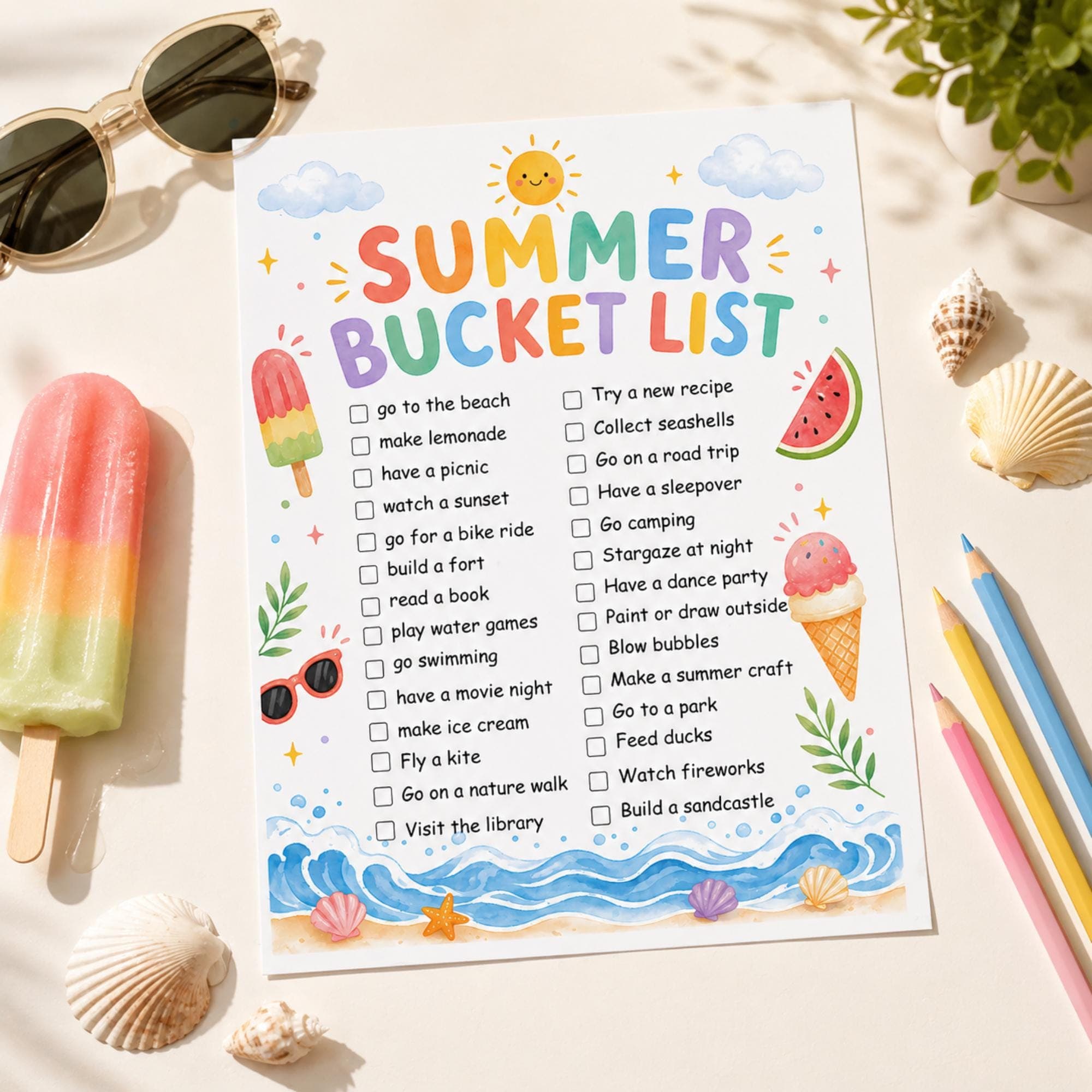 Editable Summer Bucket List Printable for Kids, Editable Canva Template, Summer Activities Checklist, Kids Summer Calendar, Summer Schedule