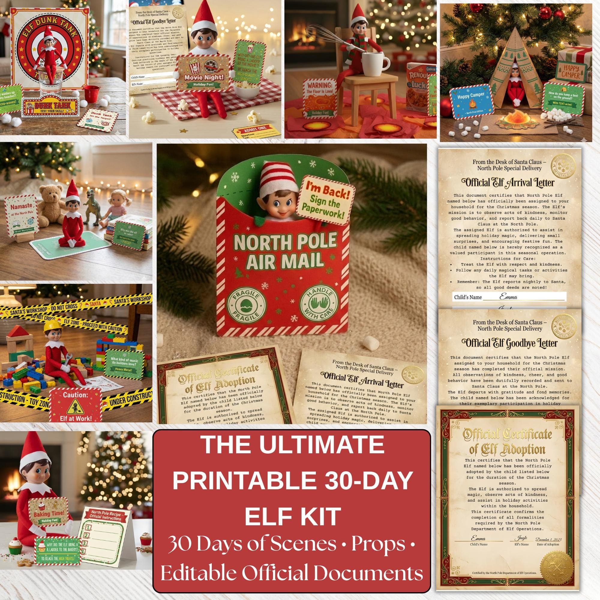Ultimate Elf Kit Printable | 30 Days of Props & Scenes | Editable Arrival and Goodbye Letters | Elf Adoption Certificate|Printable Elf Props