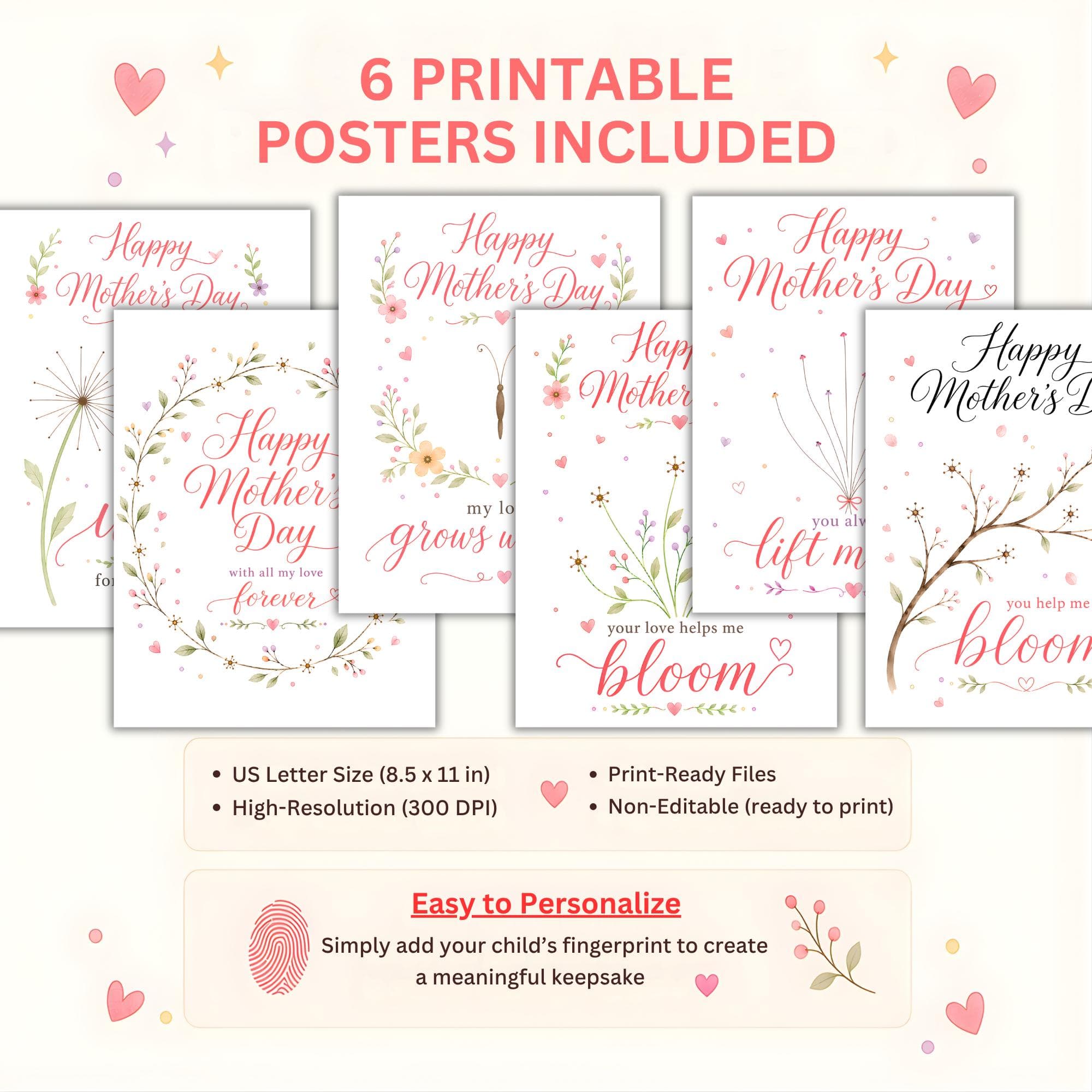 Mother’s Day Handprint Art Printable, Kids Fingerprint Craft, 6 Poster Bundle, Preschool Keepsake Gift, DIY Gift for Mom, Toddler Activity - image 3