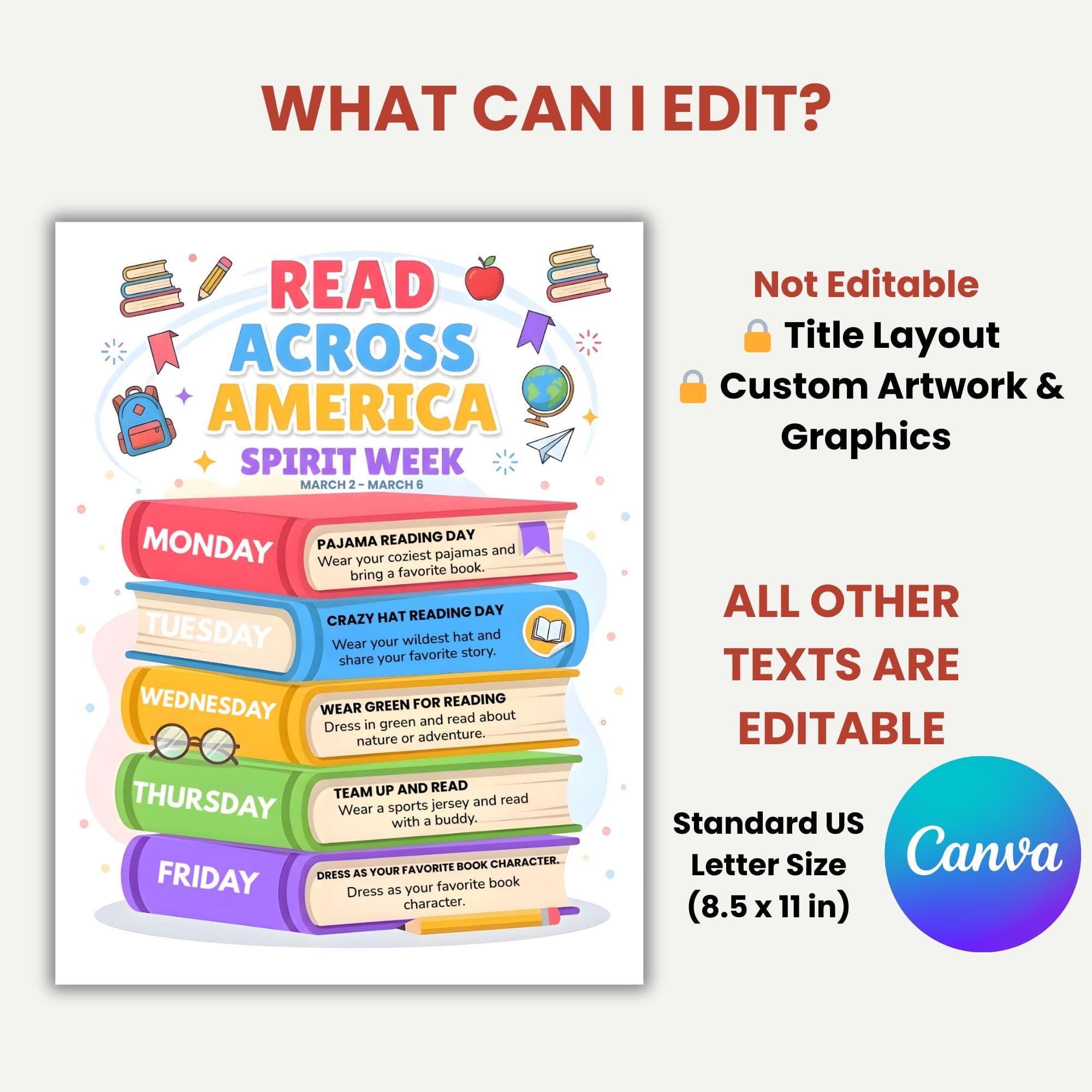 Read Across America 2026 Spirit Week Flyer, Editable Canva Template, Literacy Month Schedule, School PTO PTA Event Flyer, Book Stack Design - image 3