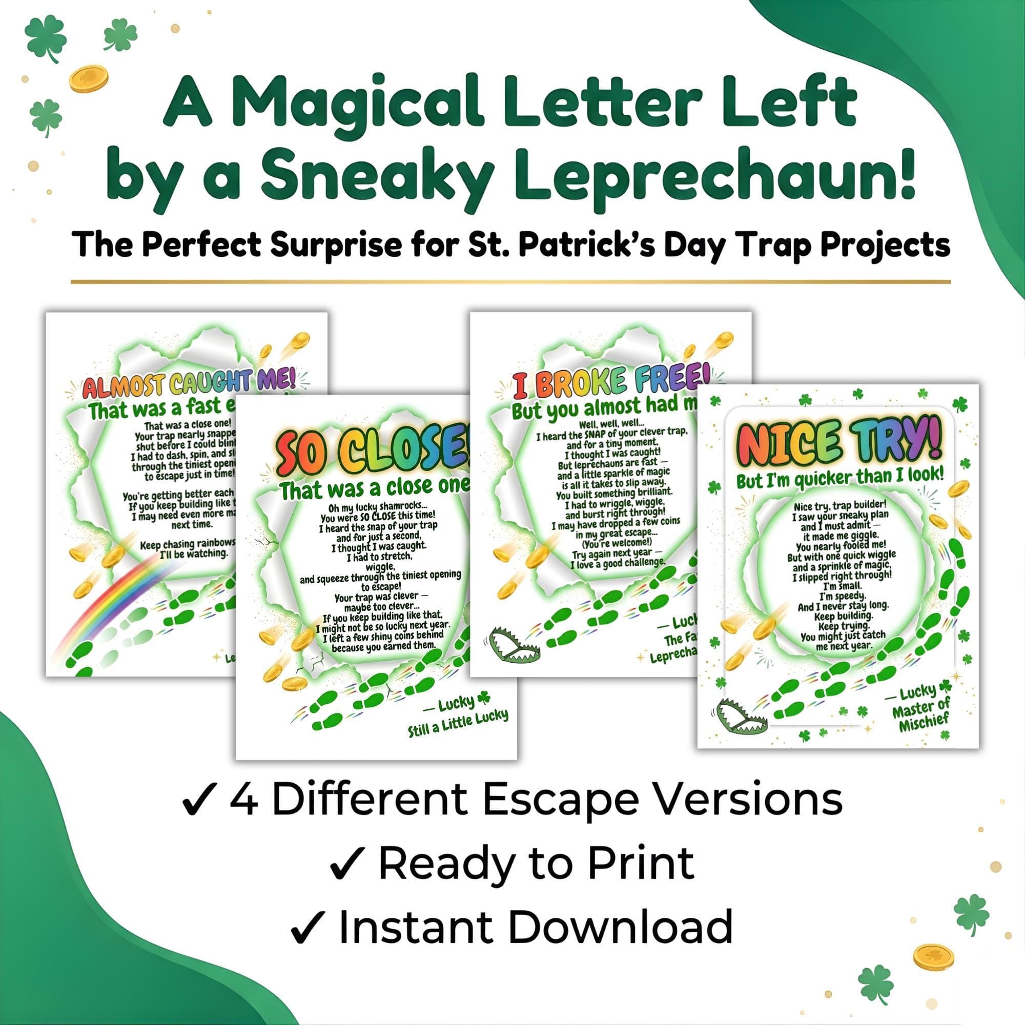 Leprechaun Trap Letter Printable | Kids Lucky Leprechaun Note | St. Patricks Day Mischief Kit | So Close Leprechaun Letter |Instant Download - image 3