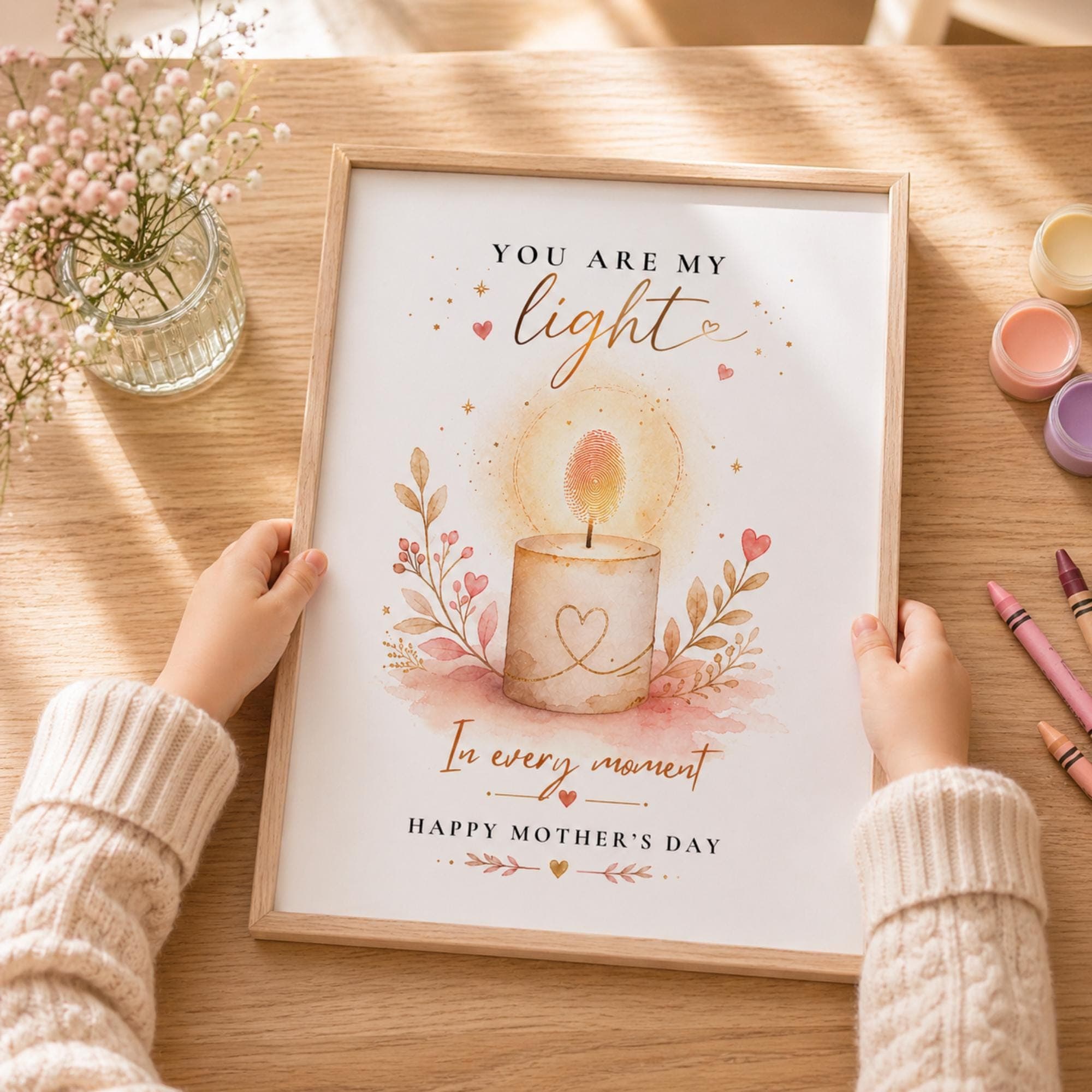 Mother's Day Handprint Art, Fingerprint Keepsake Gift, Toddler Craft, Preschool Activity, Watercolor Candle Poster, DIY Mom Gift, Printable