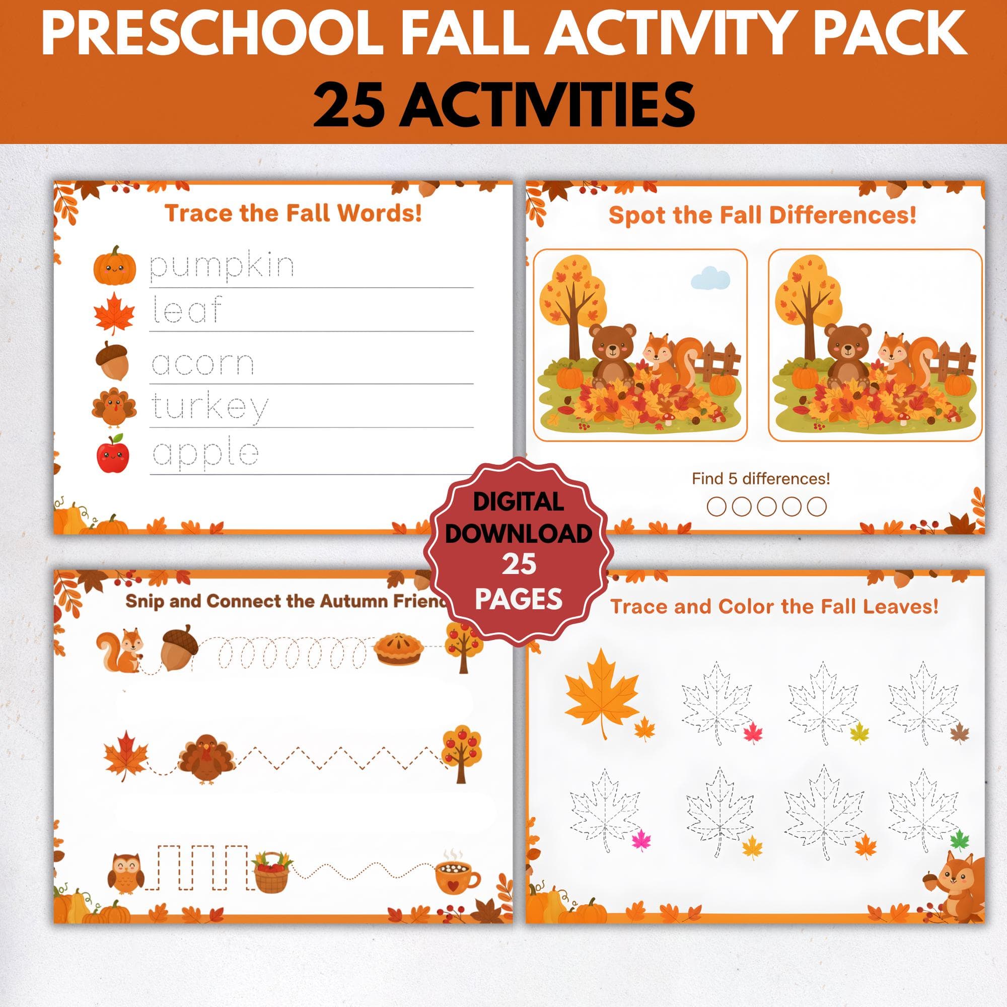 Fall Preschool Kindergarten Activity Pack, Fall Kid Activity, Autumn Worksheets, Autumn Workbook for Kids,Preschool Fall Worksheet Printable - image 4