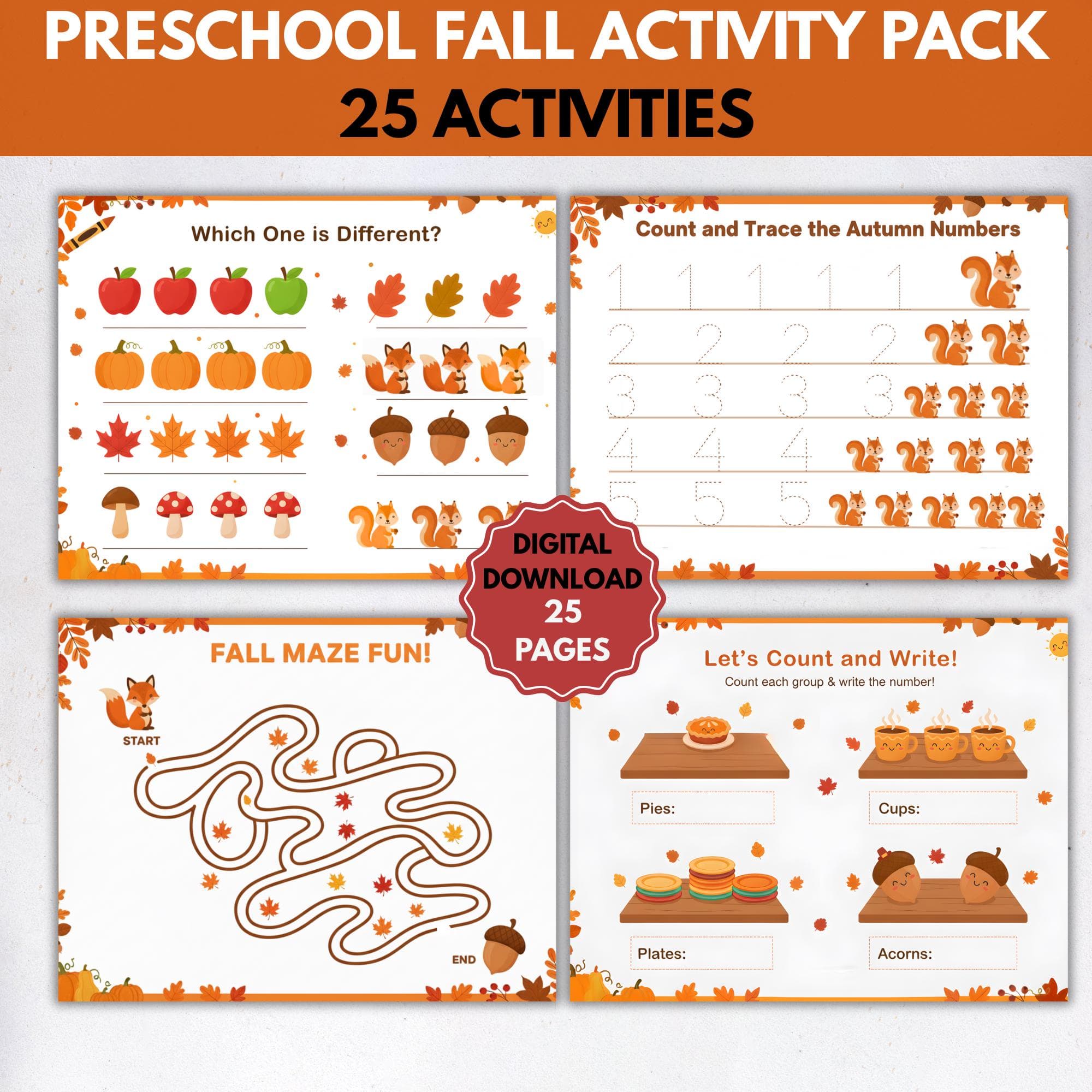 Fall Preschool Kindergarten Activity Pack, Fall Kid Activity, Autumn Worksheets, Autumn Workbook for Kids,Preschool Fall Worksheet Printable - image 5