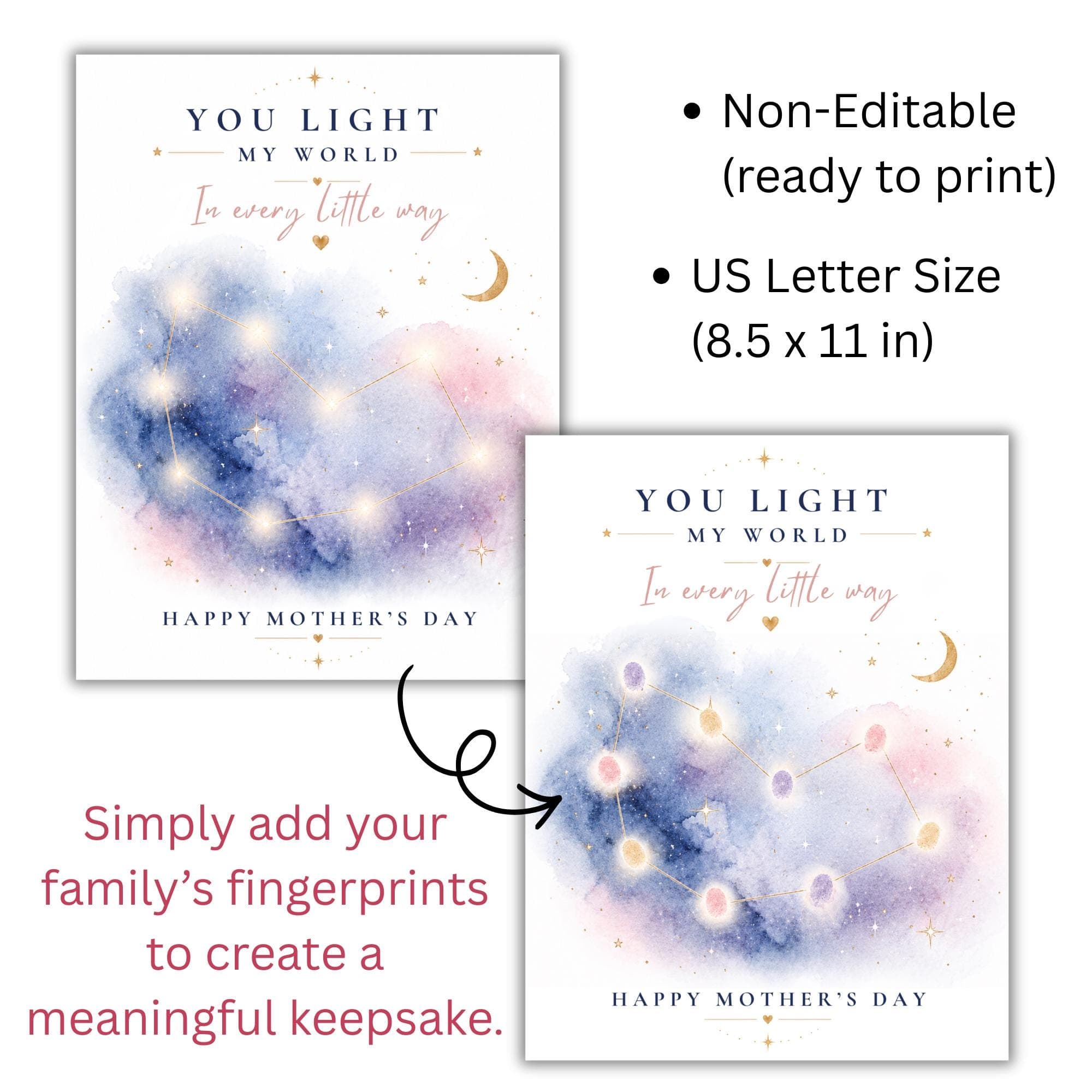 Mother's Day Fingerprint Craft, Handprint Keepsake, Gift for Mom, Toddler Activity, Preschool DIY, Galaxy Constellation Art, Star Printable - image 3