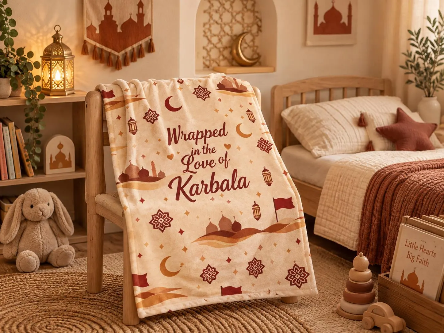 Shia Baby Blanket, 30 × 40 Inch Velveteen Plush | Karbala Design in Warm Ivory and Rust - image 4