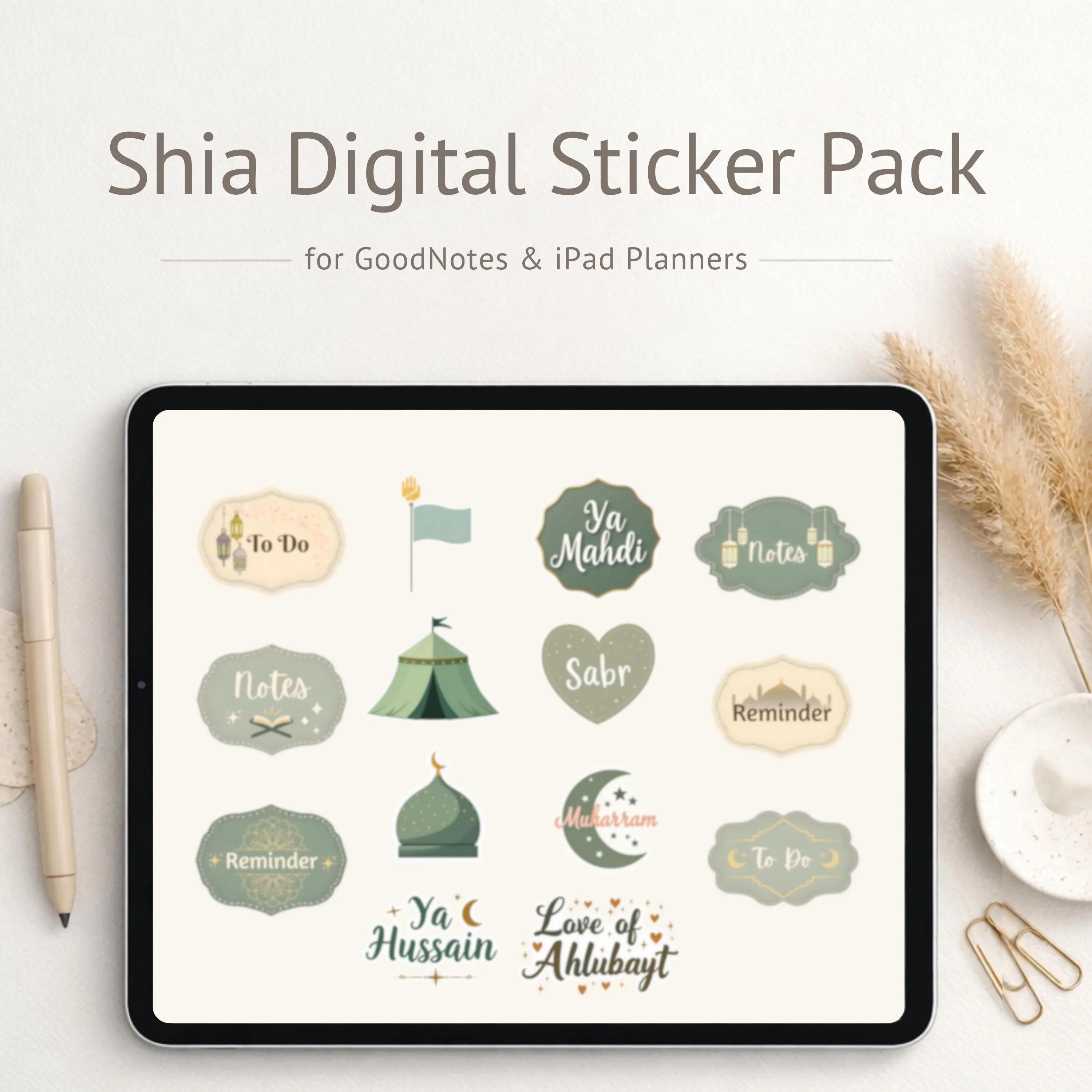 GoodNotes Stickers, Shia Islamic Digital Planner Pack with Pastel Ahlulbayt and Muharram Designs