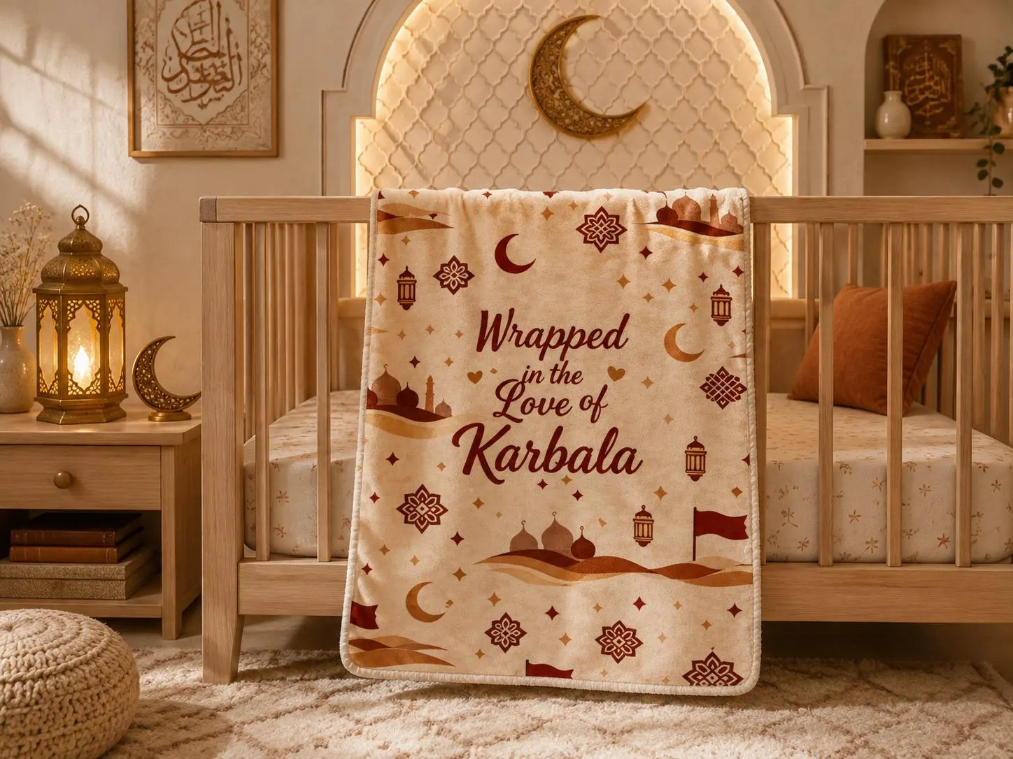 Shia Baby Blanket, 30 × 40 Inch Velveteen Plush | Karbala Design in Warm Ivory and Rust - image 5