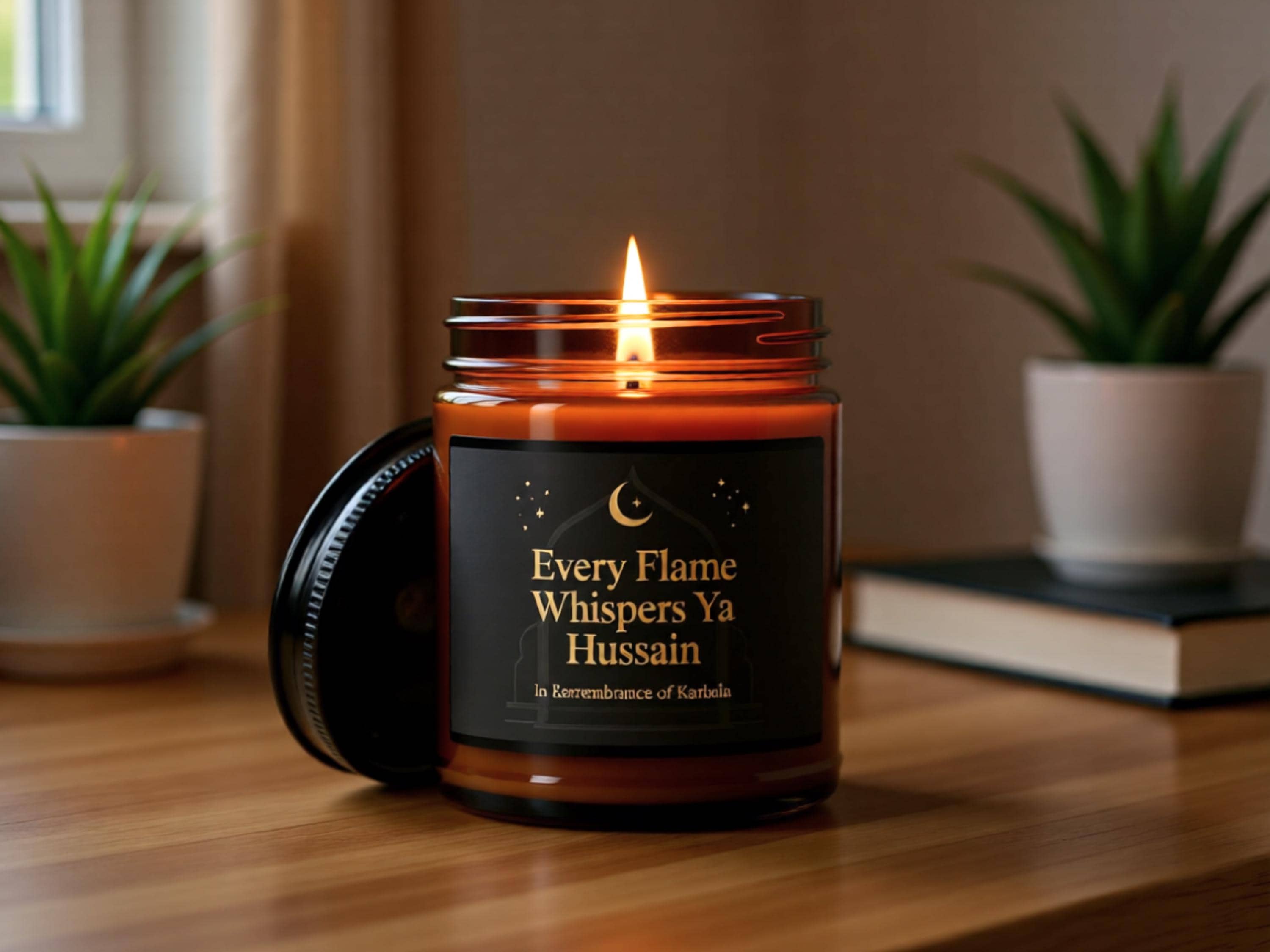 Ya Hussain Candle, Amber Glass Soy Wax for Karbala Remembrance and Muharram Decor - image 2