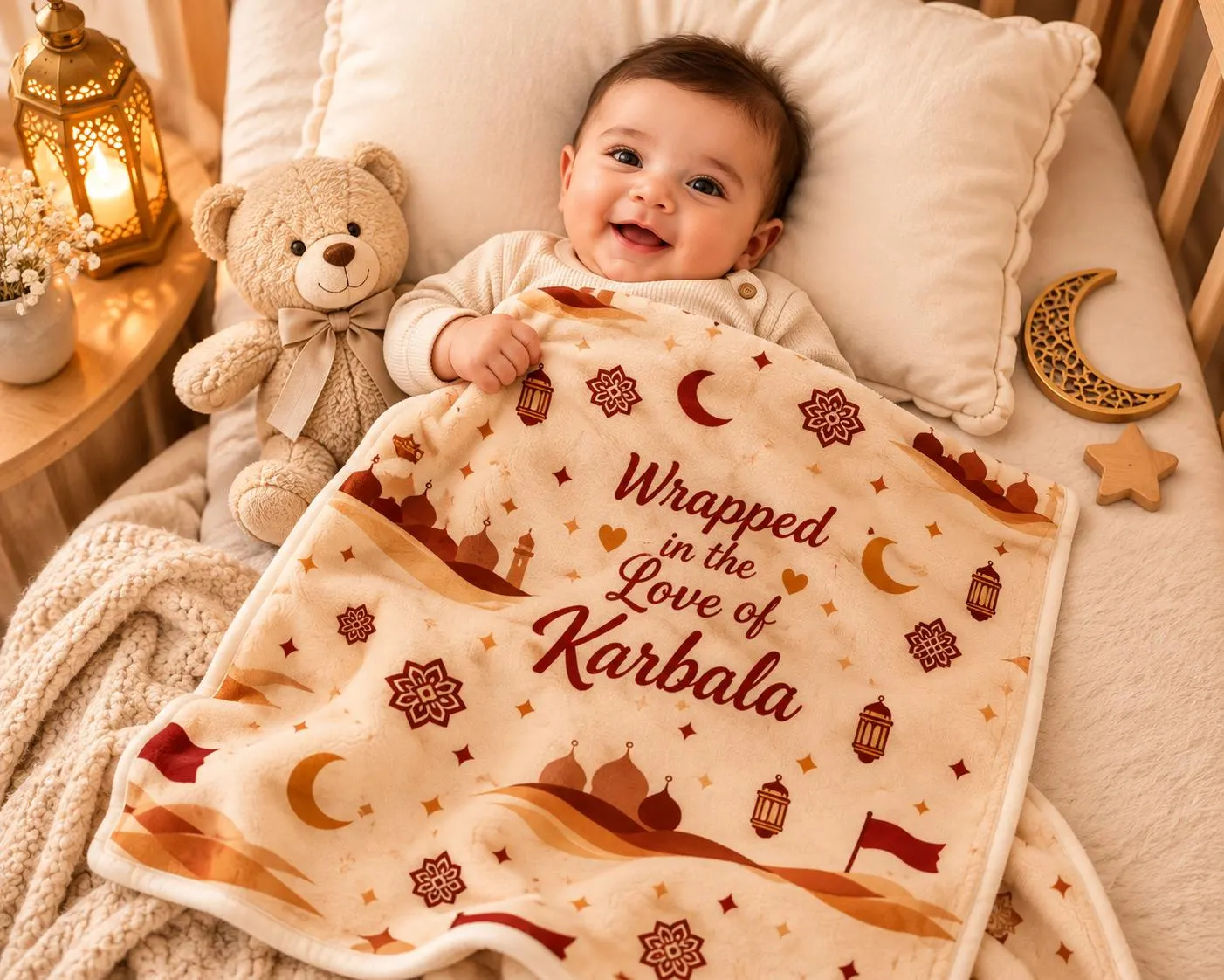 Shia Baby Blanket, 30 × 40 Inch Velveteen Plush | Karbala Design in Warm Ivory and Rust