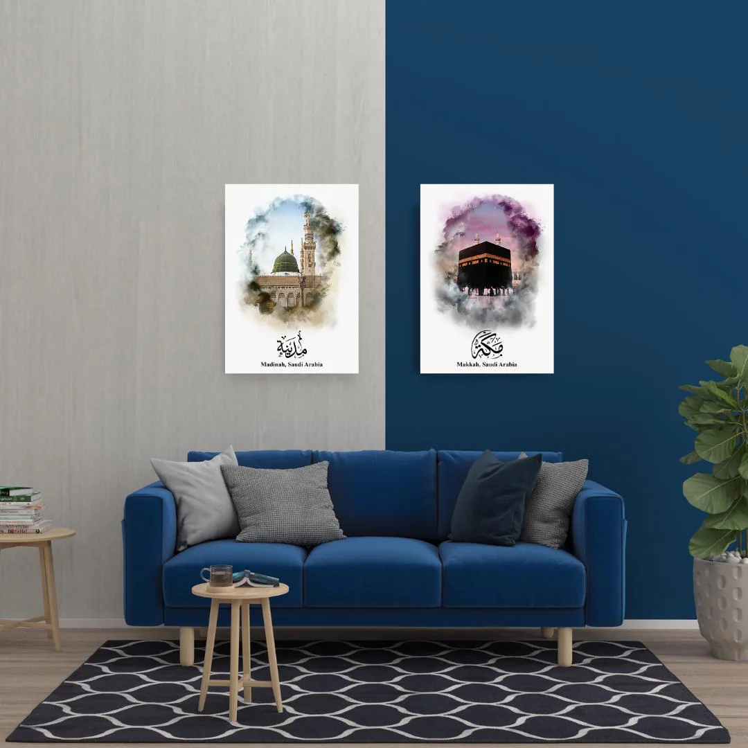 Makkah Madinah wall art abstract for gallery Muslim home decor digital frames Islamic printable Holy places travel Kaaba and Masjid e nabwi