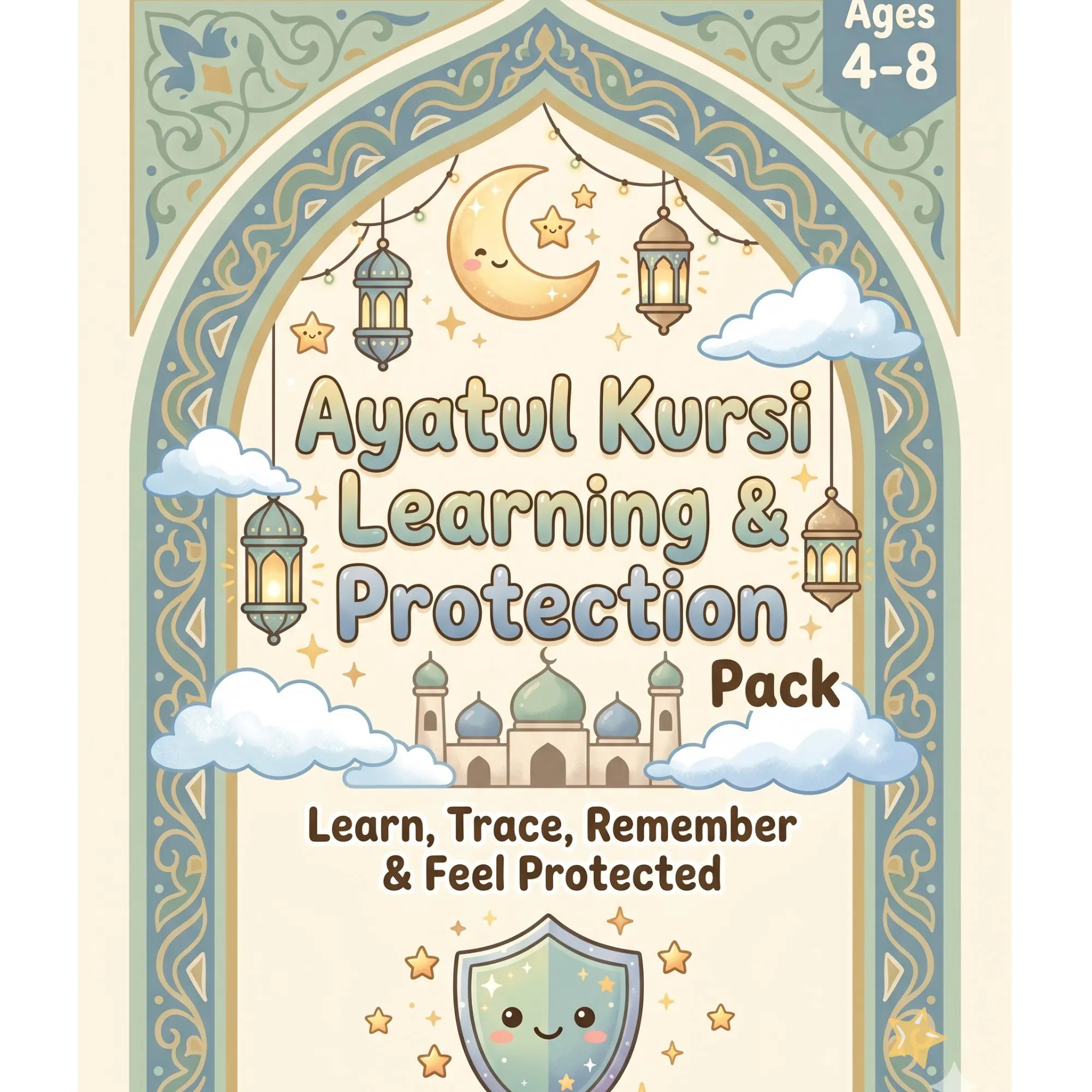 What is Ayatul Kursi educational page with child-friendly explanation, moon, shield and Islamic icons