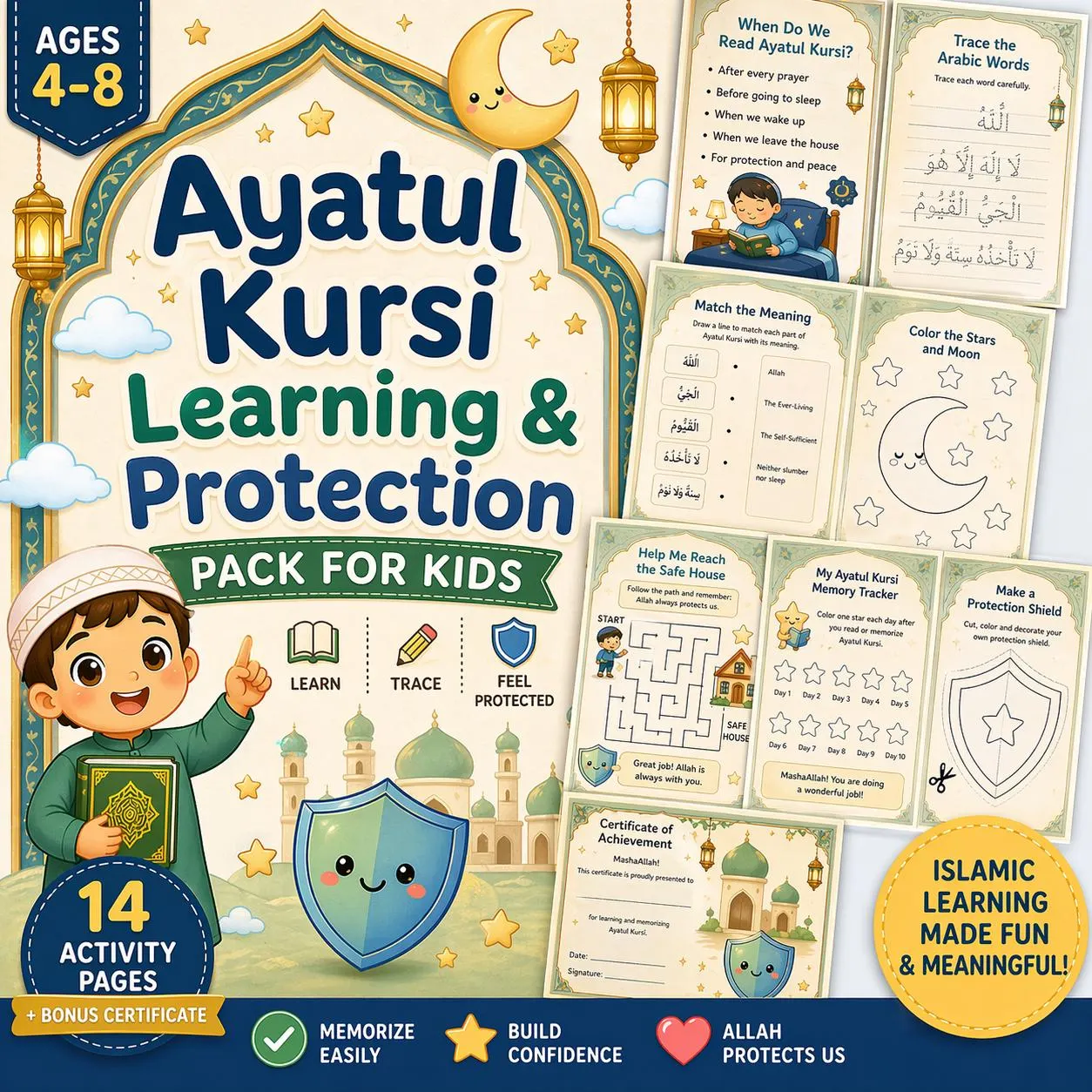 Ayatul Kursi Learning Pack cover for kids ages 4–8 with mosque, shield, crescent moon and Islamic learning theme