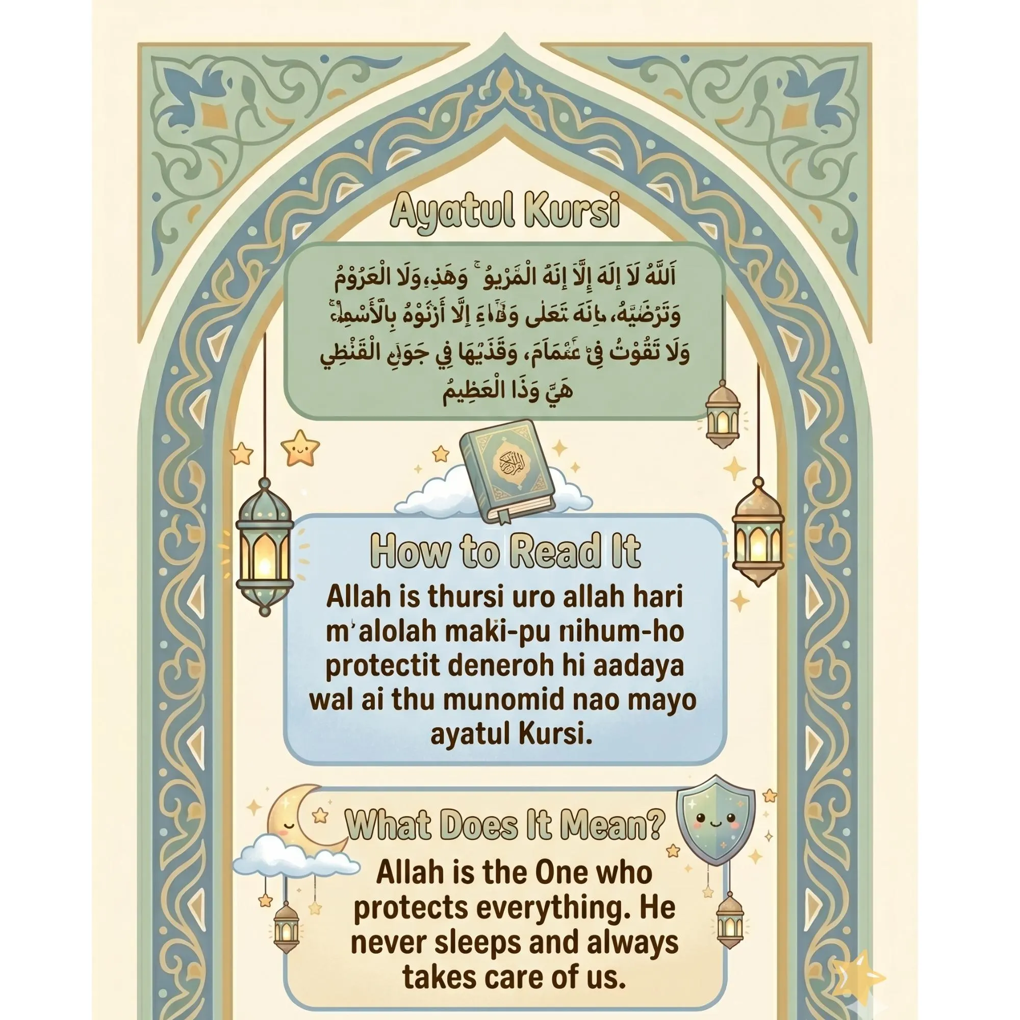 When do we read Ayatul Kursi printable showing bedtime, after prayer and daily situations with cute illustrations