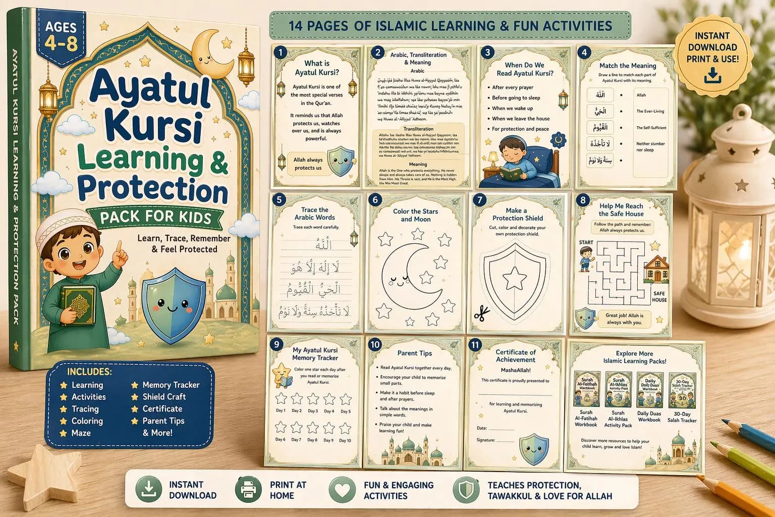 Printable Ayatul Kursi workbook cover showing colorful Islamic activities, tracing pages and protection-themed illustrations