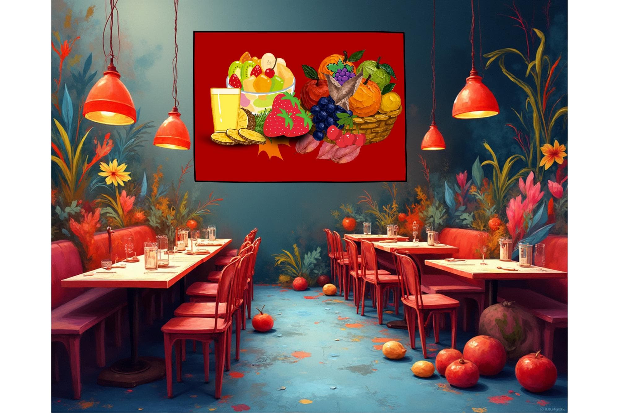 Fruit Bowl Kitchen Wall Art, Red Food Illustration (Digital Download)