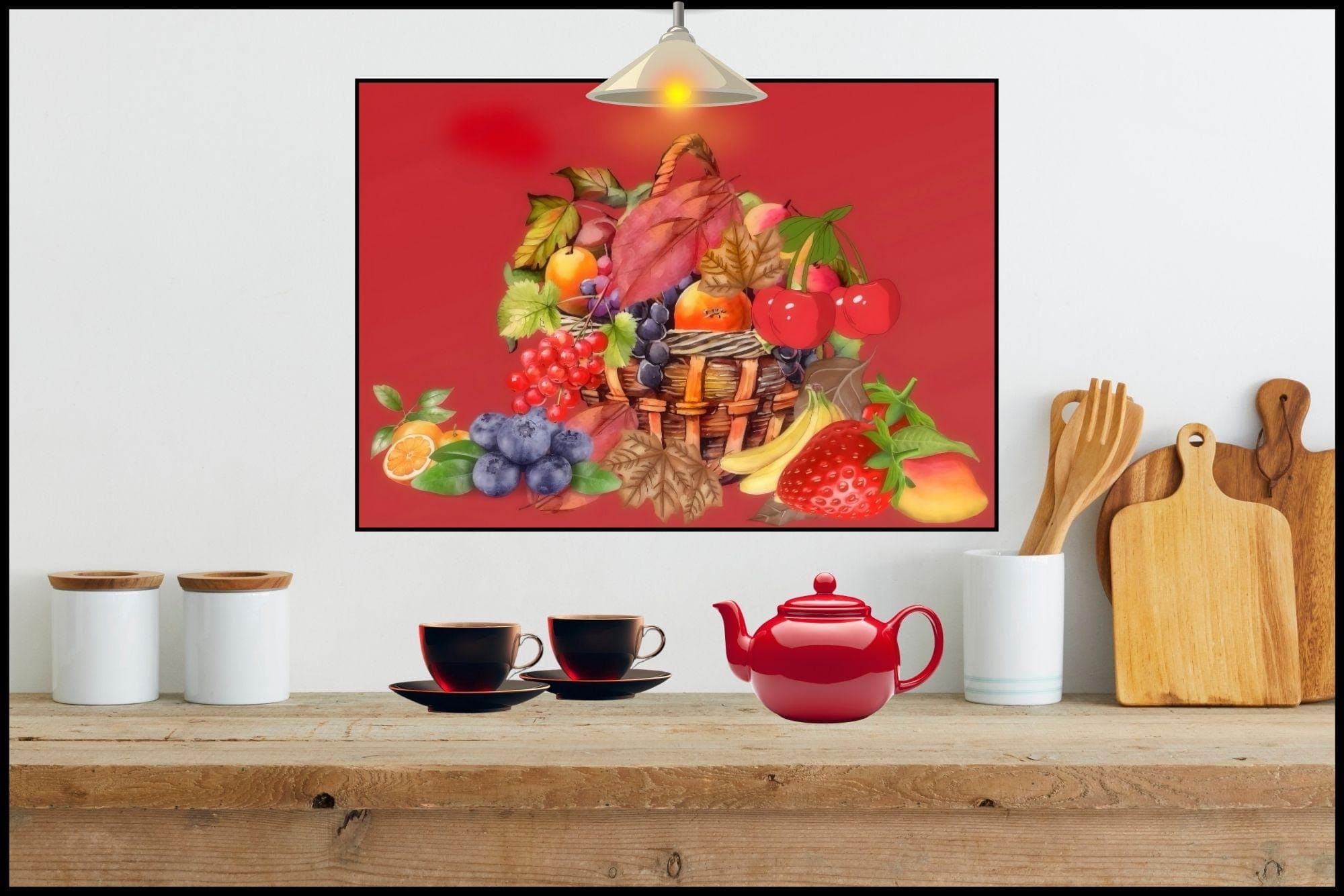 Fruit Basket Kitchen Wall Art, Red Food Illustration, Large 30x24 Inch Digital Download Print