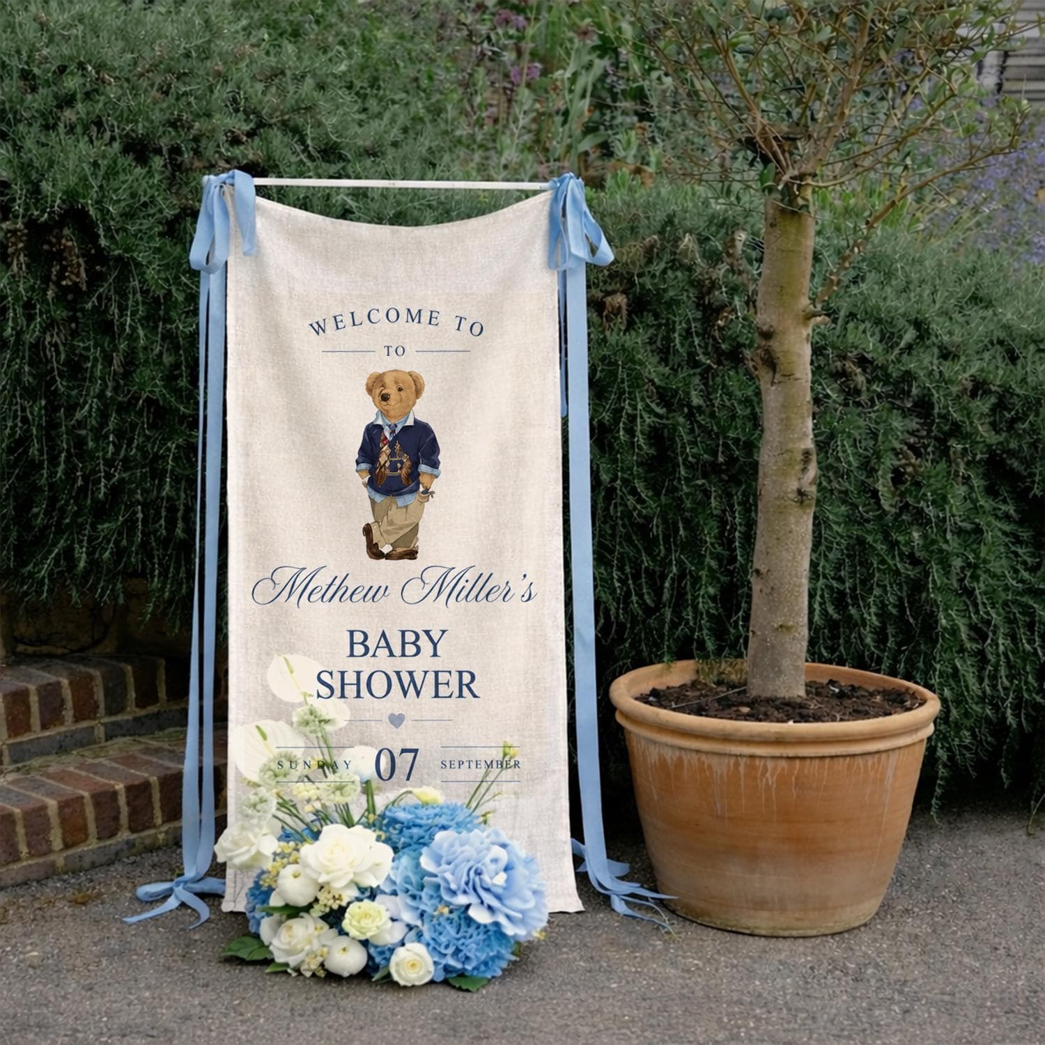 Elegant Teddy Bear Baby Shower Welcome Banner for Boys – Personalized Name Sign - image 2