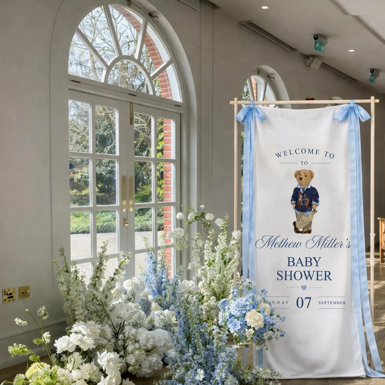 Elegant Teddy Bear Baby Shower Welcome Banner for Boys – Personalized Name Sign