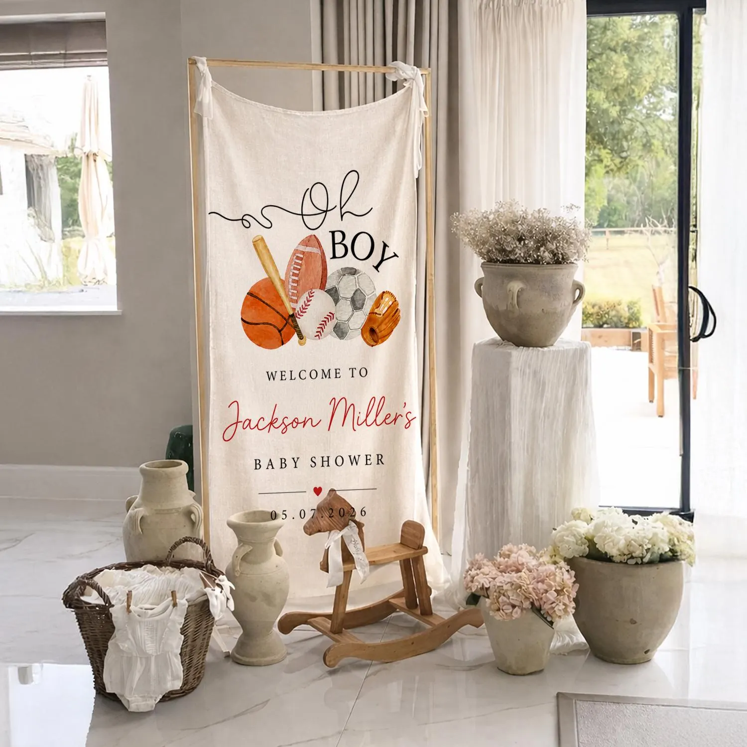 Sports Theme Baby Shower Banner: Personalized "Oh Boy" Welcome Sign – Cotton Linen Blend - image 3