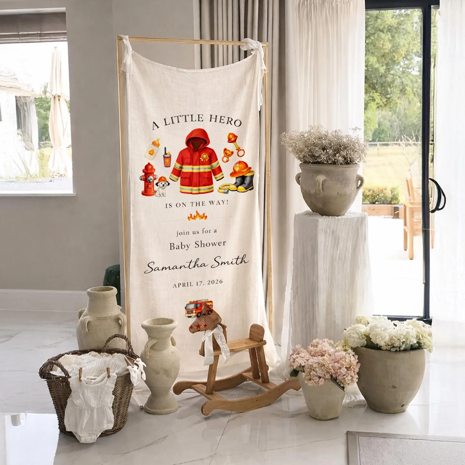 Firefighter Baby Shower Banner, Little Hero Welcome Sign, Fire Truck Theme Decor